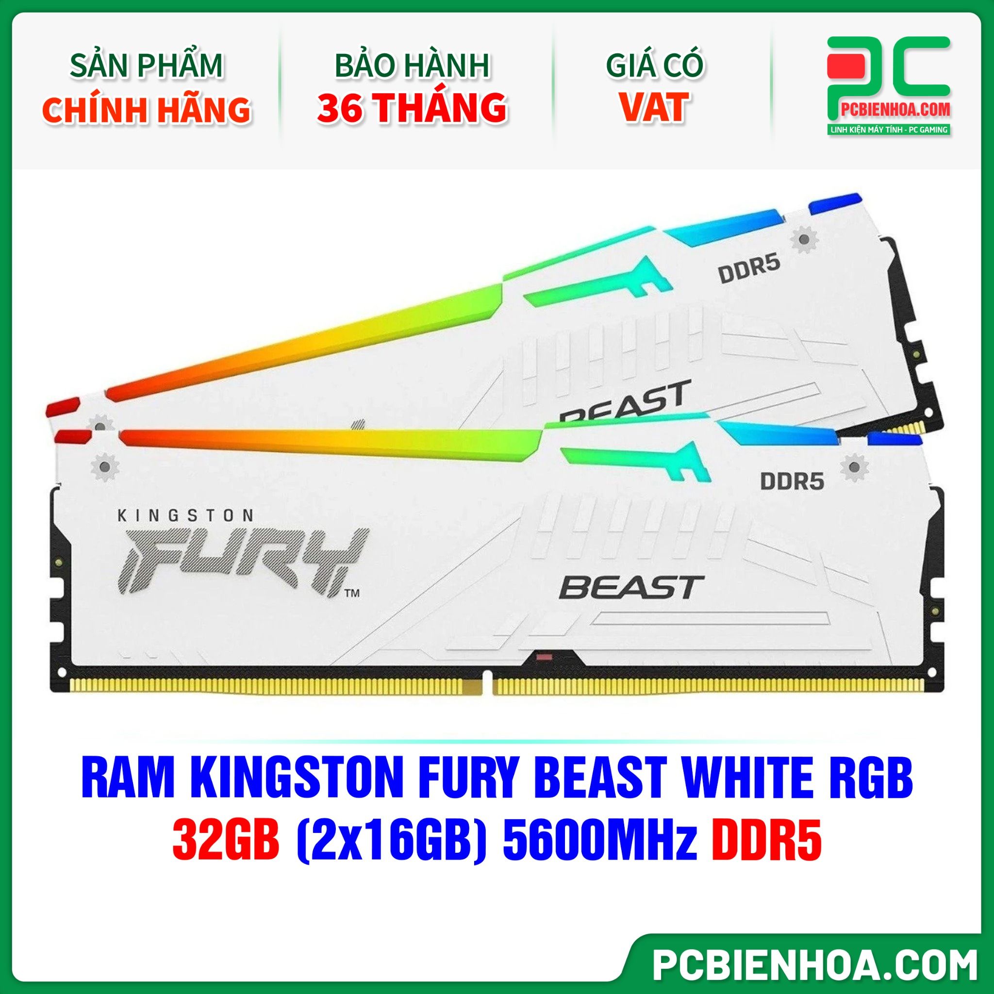 RAM KINGSTON FURY BEAST WHITE RGB - 32GB (2x16GB) 5600MHz DDR5 ( KF556C40BWAK2-32 )