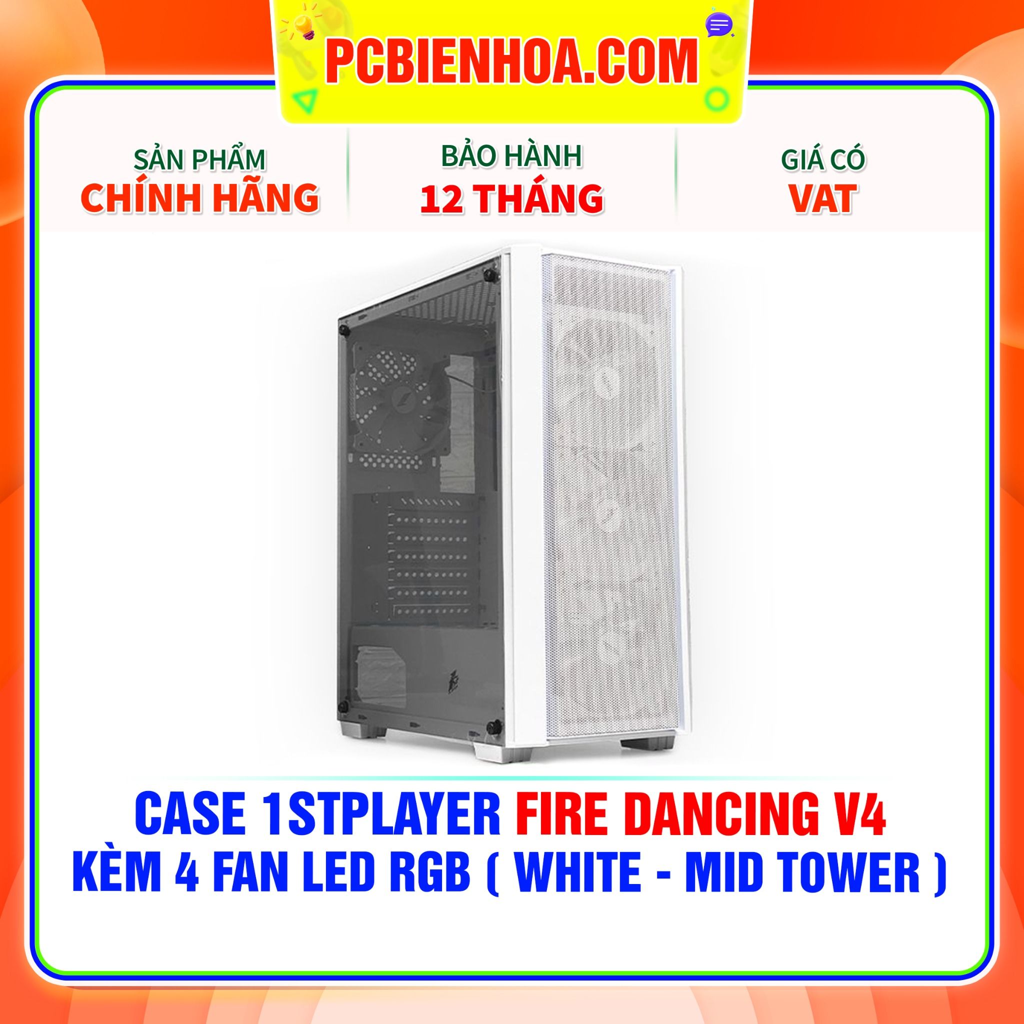  CASE 1STPLAYER FIRE DANCING V4 - KÈM 4 FAN LED RGB ( WHITE - MID TOWER ) 