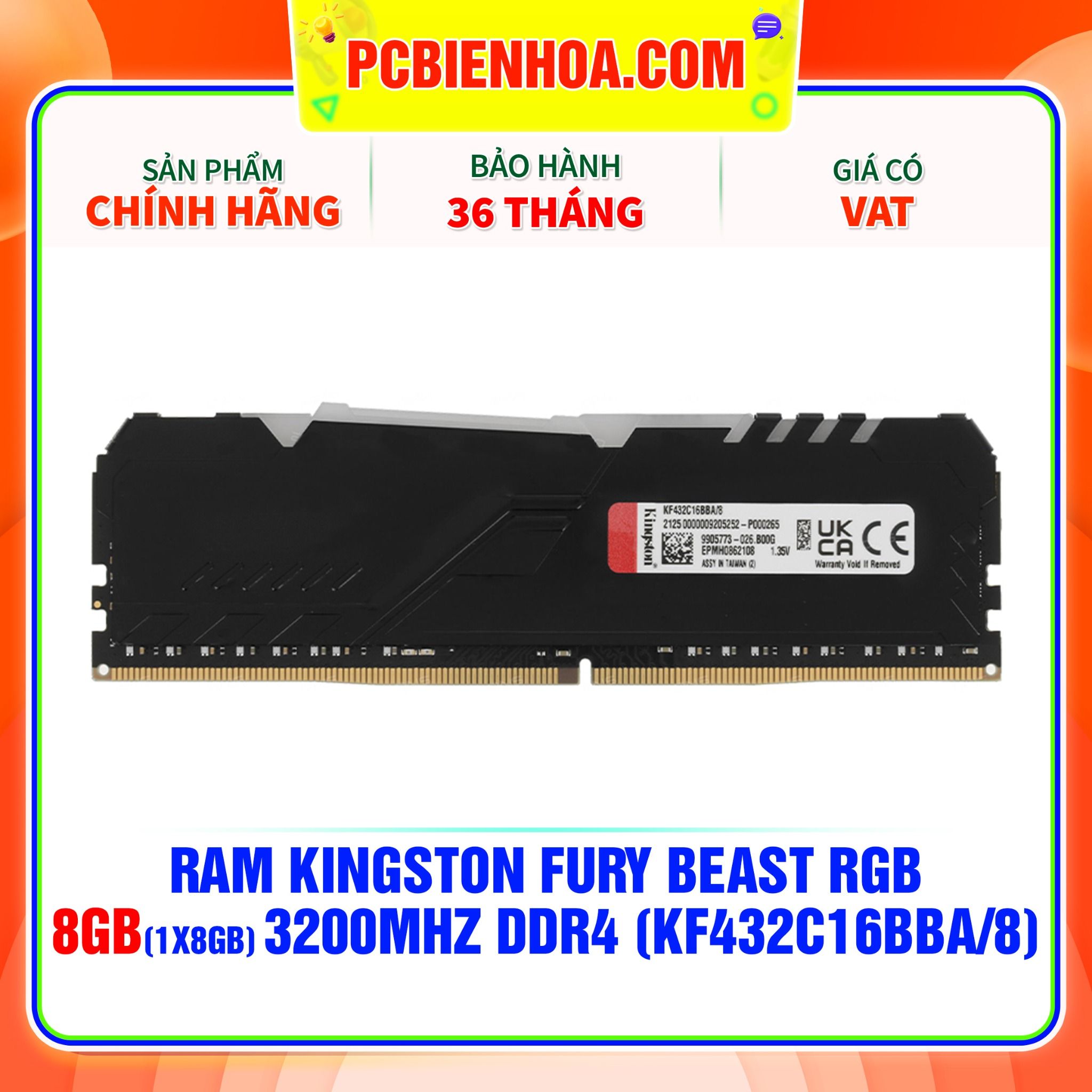  RAM KINGSTON FURY BEAST RGB 8GB (1x8GB) 3200MHz DDR4 ( KF432C16BBA/8 ) 