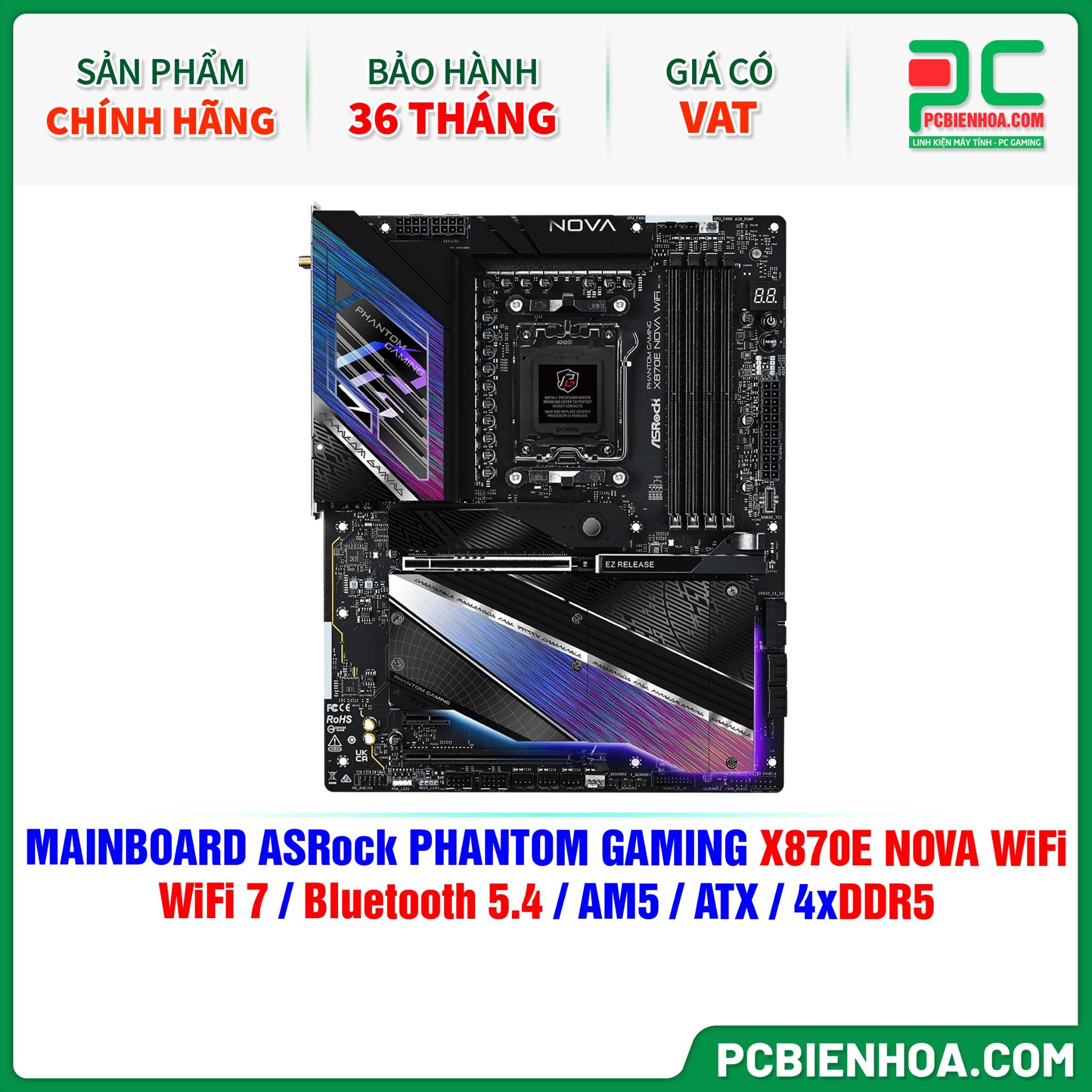 DDR5 - MAINBOARD ASRock PHANTOM GAMING X870E NOVA WiFi ( WiFi 7 / Bluetooth 5.4 / AM5 / ATX / 4xDDR5 )