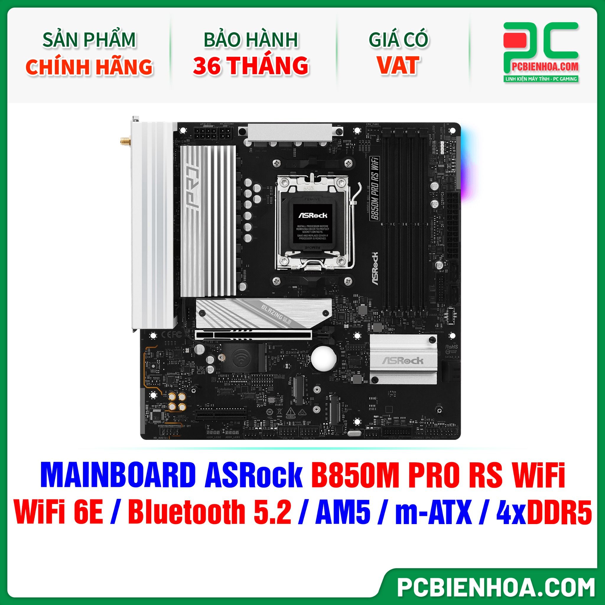 DDR5 - MAINBOARD ASRock B850M PRO RS WiFi ( WiFi 6E / Bluetooth 5.2 / AM5 / m-ATX / 4xDDR5 )