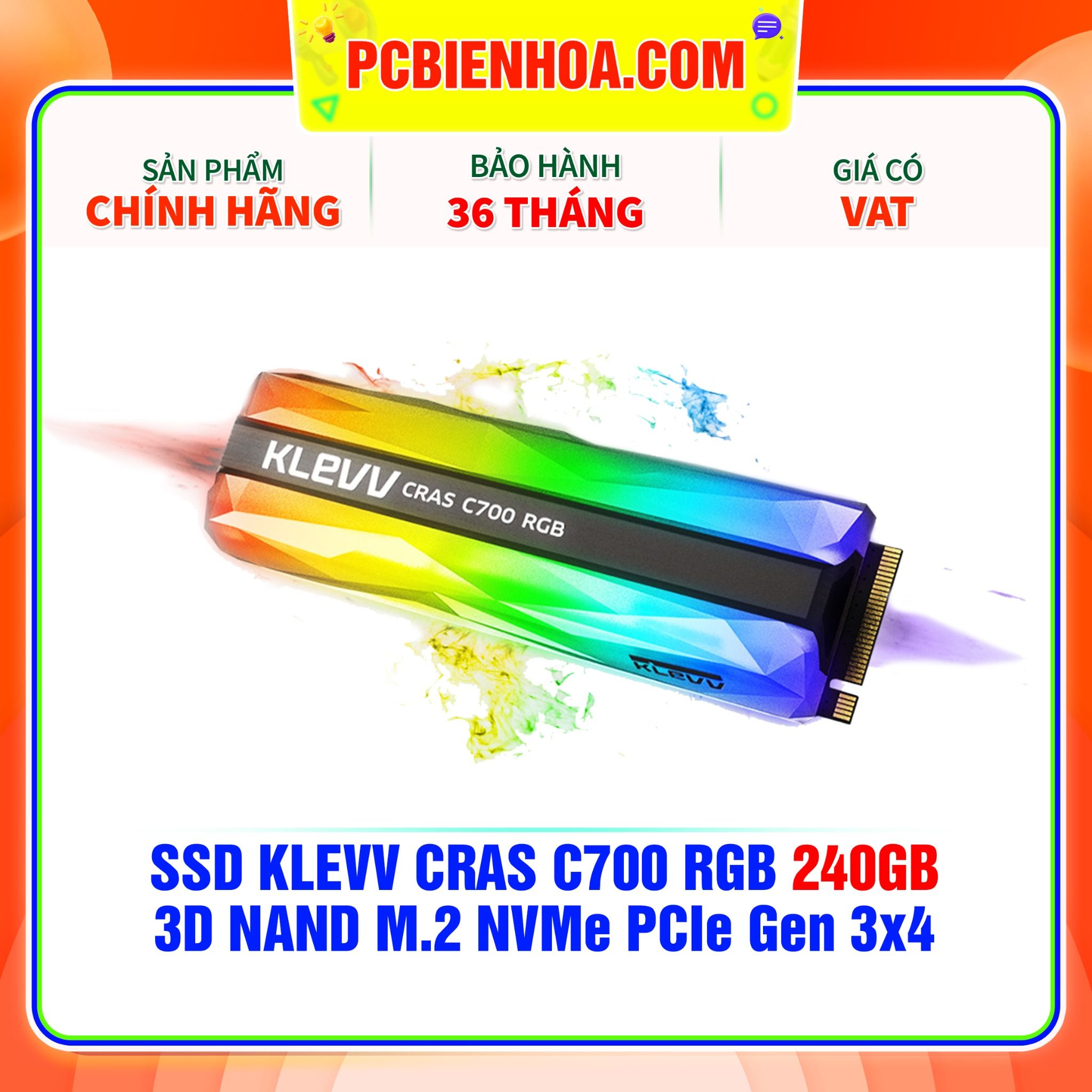  SSD KLEVV CRAS C700 RGB 240GB - 3D NAND M.2 NVMe PCIe Gen 3x4 ( K240GM2SP0-C7R ) 