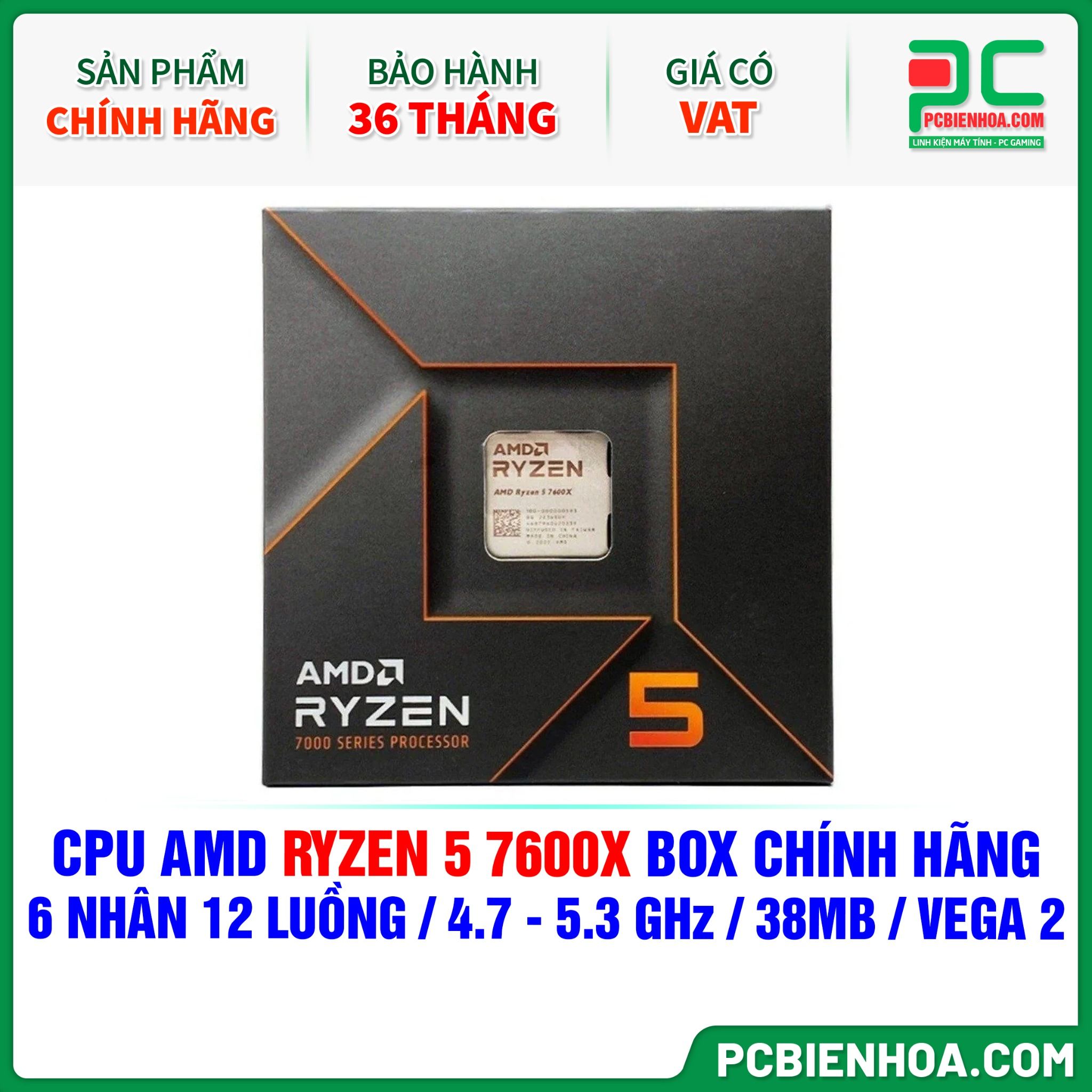 CPU AMD Ryzen 5 7600X BOX CHÍNH HÃNG ( 6 NHÂN 12 LUỒNG / 4.7 - 5.3 GHz / 38MB / RADEON VEGA 2 GRAPHICS )