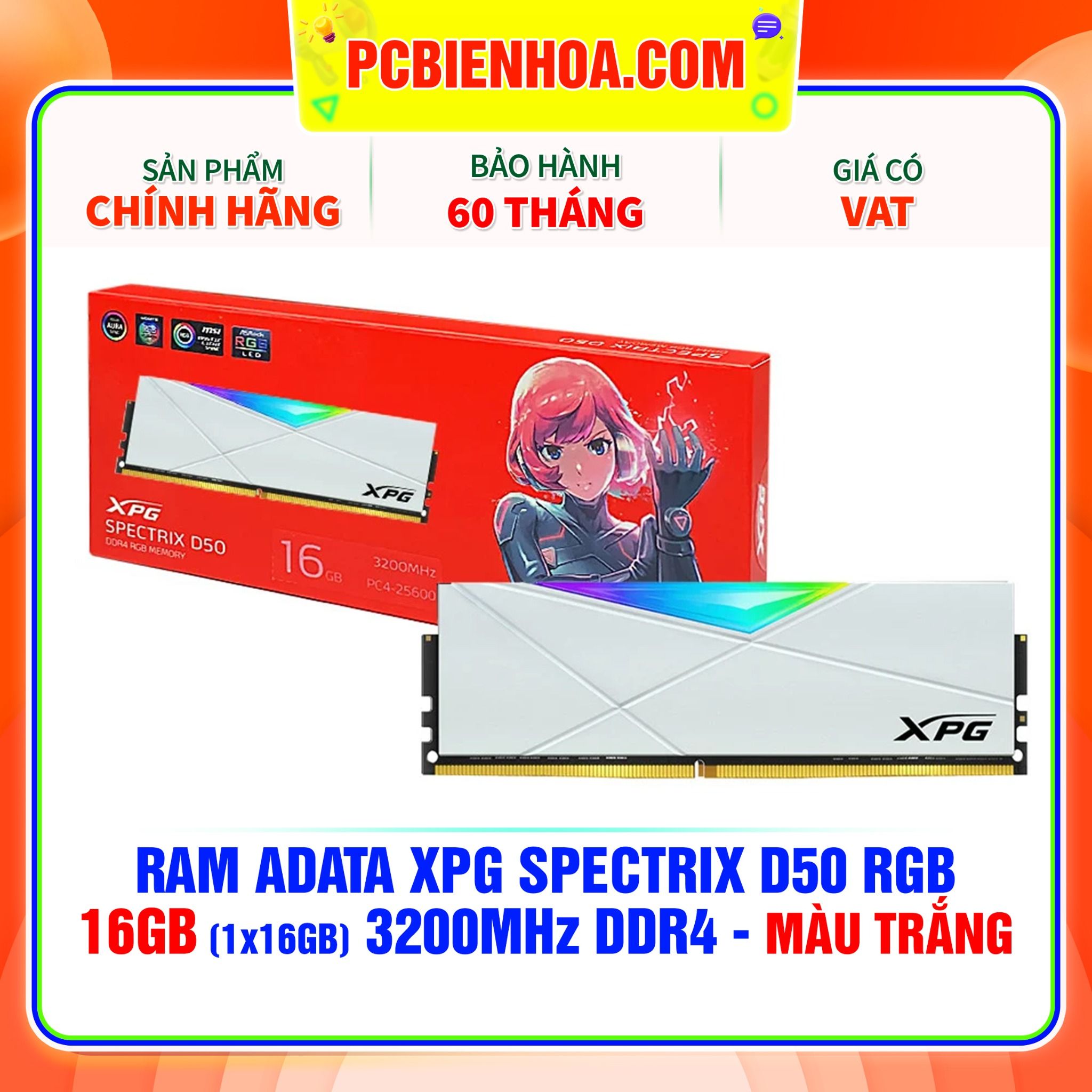  RAM ADATA XPG SPECTRIX D50 RGB - 16GB (1x16GB) 3200MHz DDR4 - MÀU TRẮNG 