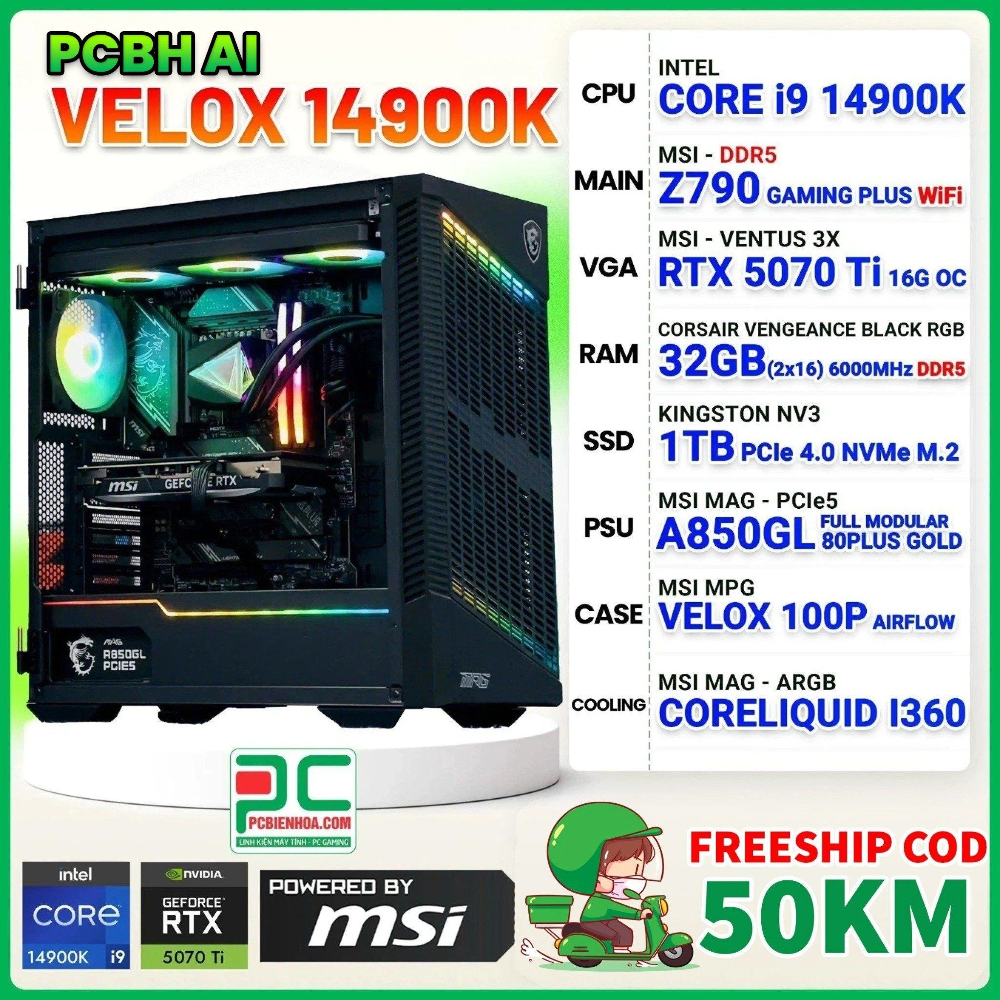 PCBH A.I VELOX CORE i9 14900K / Z790 WiFi / RTX 5070 Ti 16GB / 32GB DDR5 / 1TB
