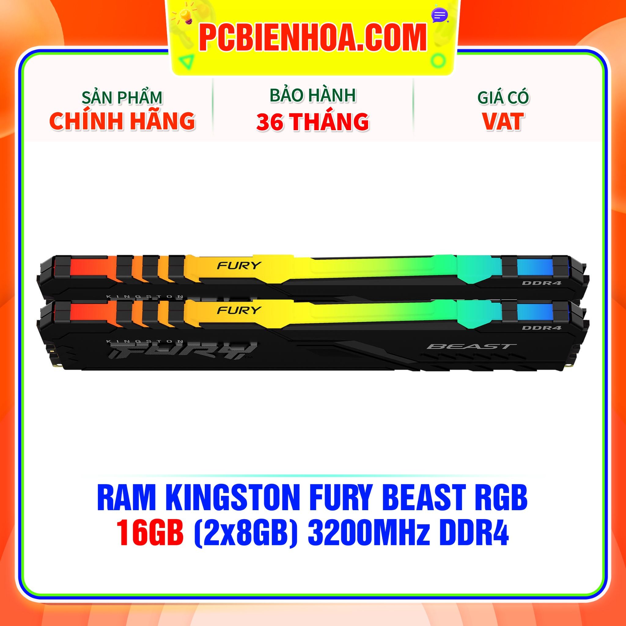  RAM KINGSTON FURY BEAST RGB 16GB (2x8GB) 3200MHz DDR4 ( KF432C16BBAK2/16 ) 