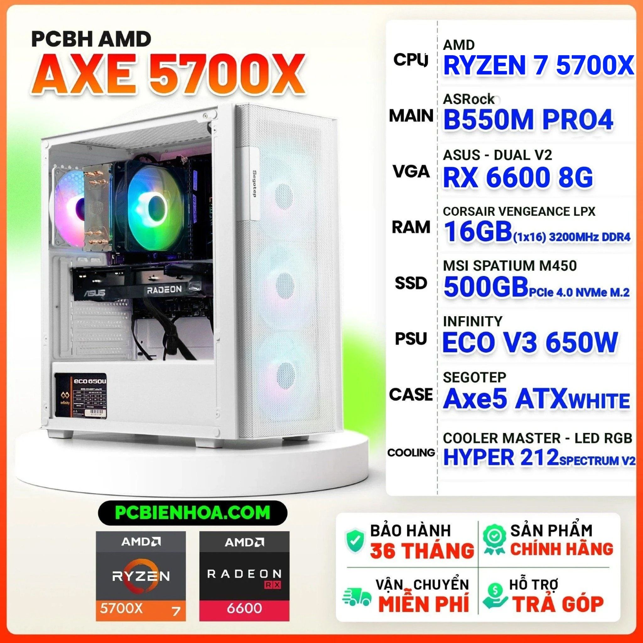  PCBH AMD AXE RYZEN 7 5700X / B550M / RX6600 8GB / 16GB / 500GB 
