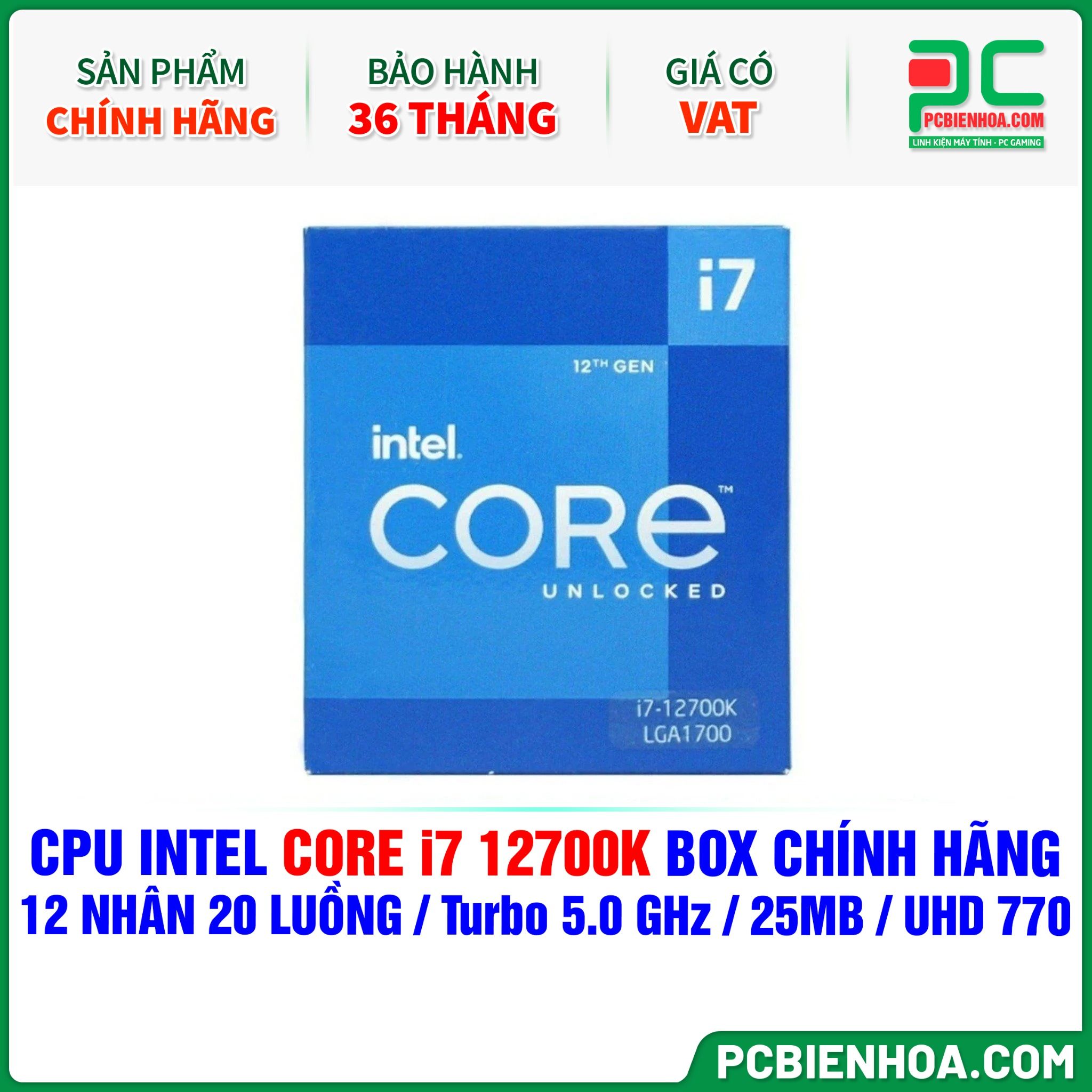 CPU INTEL CORE i7 12700K BOX CHÍNH HÃNG ( 12 NHÂN 20 LUỒNG / Turbo 5.0 GHz / 25MB / UHD GRAPHICS 770 )
