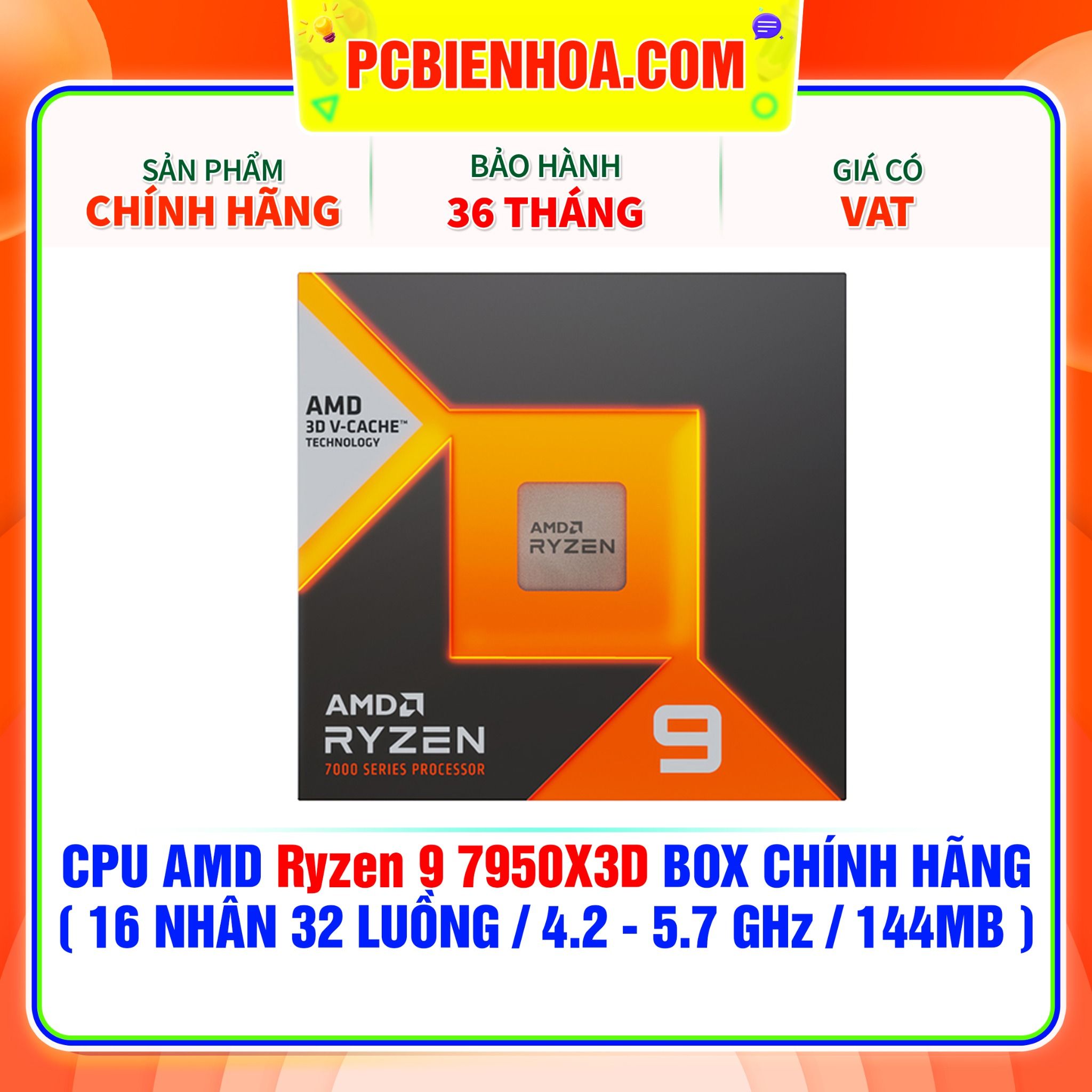  CPU AMD Ryzen 9 7950X3D BOX CHÍNH HÃNG ( 16 NHÂN 32 LUỒNG / 4.2 - 5.7 GHz / 144MB ) 