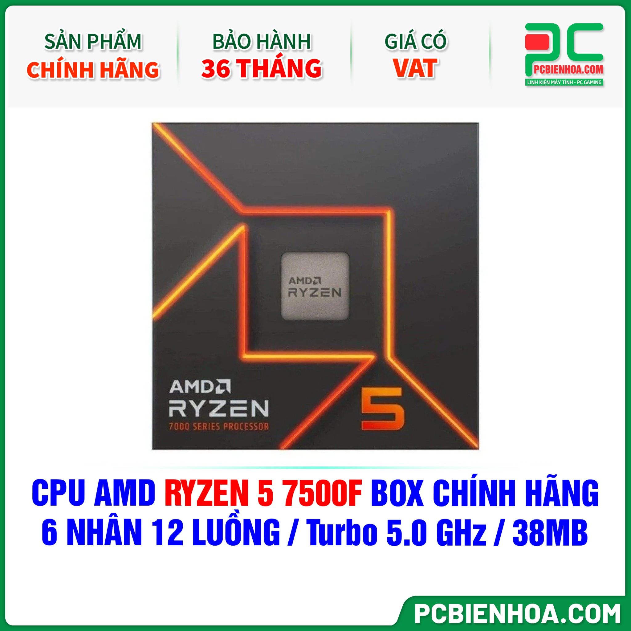 CPU AMD Ryzen 5 7500F BOX CHÍNH HÃNG ( 6 NHÂN 12 LUỒNG / Turbo 5.0 GHz / 38MB )