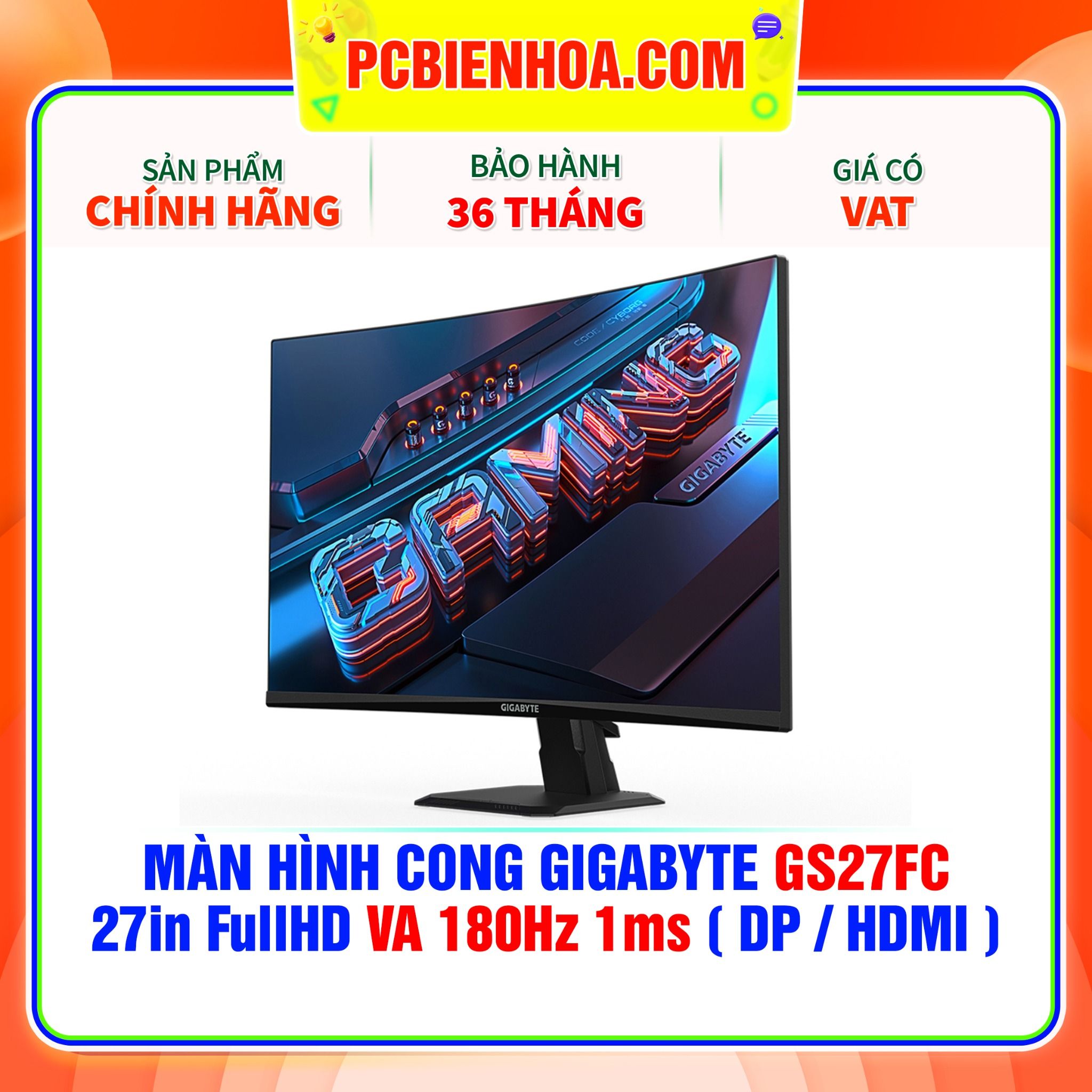  MÀN HÌNH CONG GIGABYTE GS27FC 27in FullHD VA 180Hz 1ms ( DP / HDMI ) 