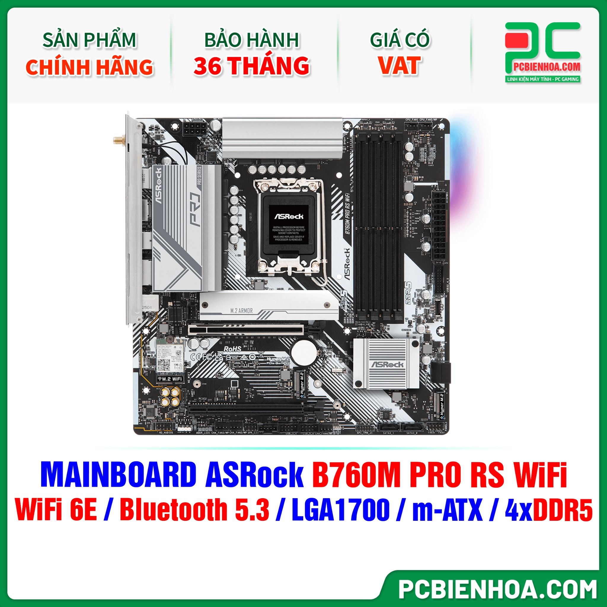 DDR5 - MAINBOARD ASRock B760M PRO RS WIFI ( WiFi 6E / Bluetooth 5.3 / LGA1700 / m-ATX / 4xDDR5 )