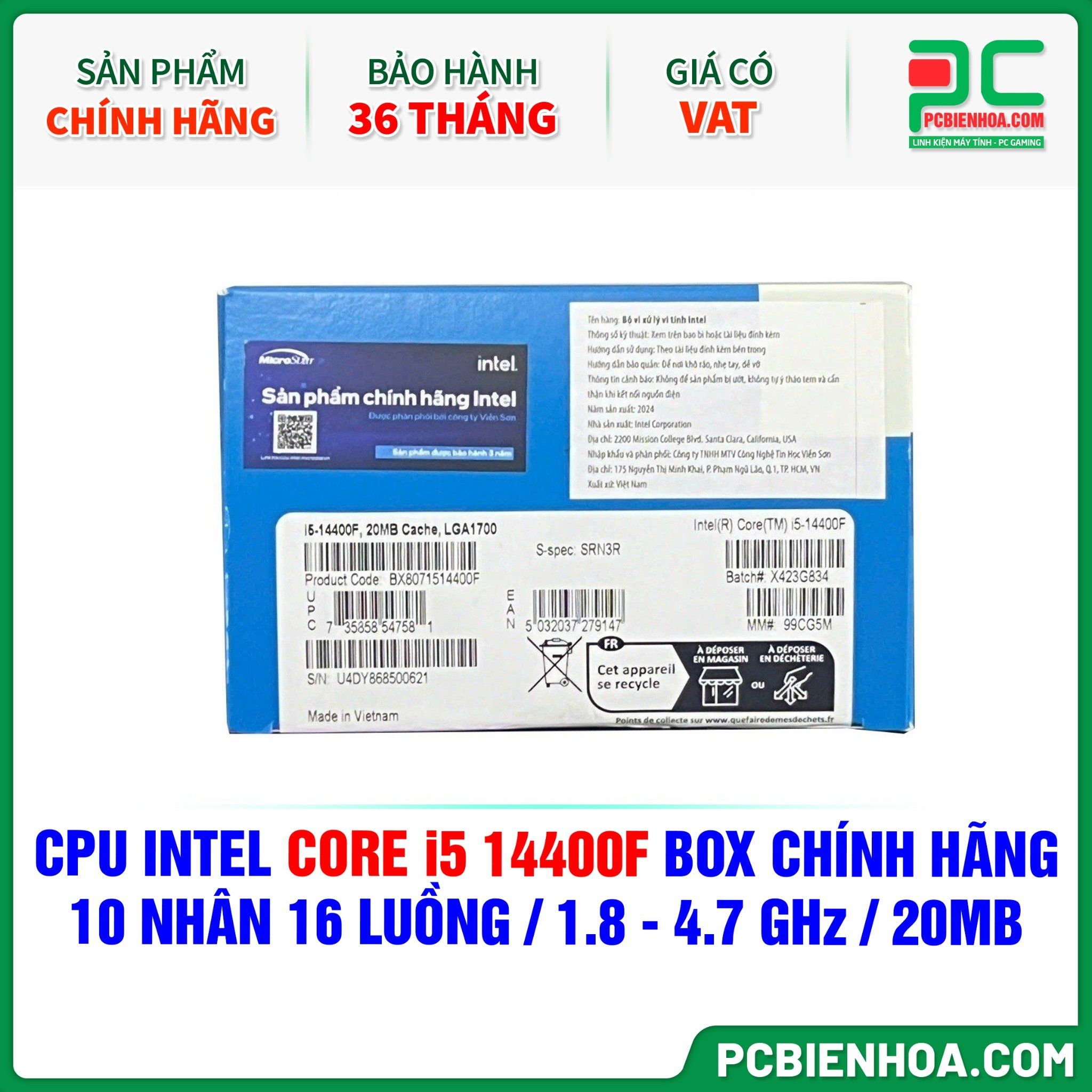 CPU Intel Core i5 14400F BOX CHÍNH HÃNG ( 10 NHÂN 16 LUỒNG / 1.8 - 4.7 GHz / 20MB )