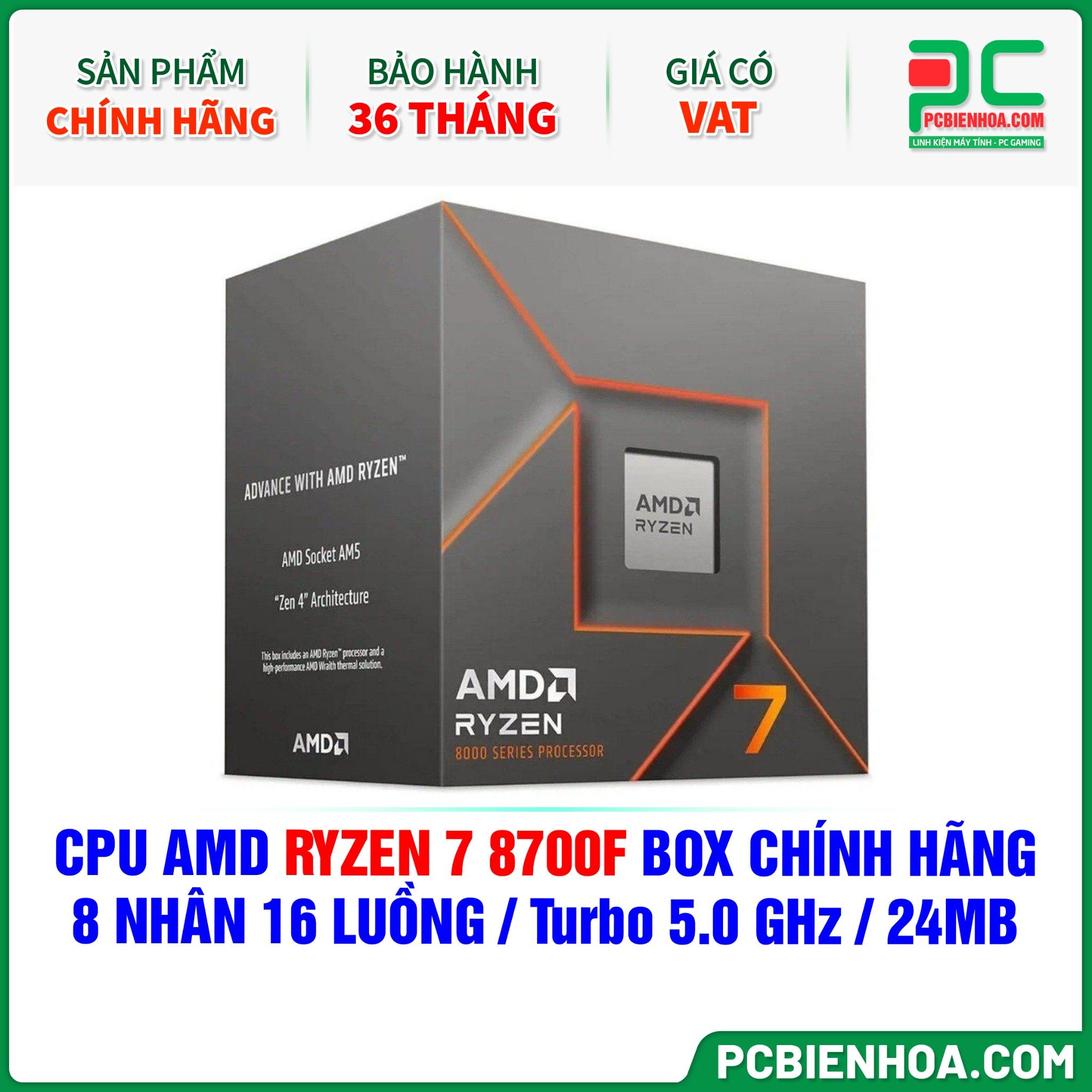 CPU AMD Ryzen 7 8700F BOX CHÍNH HÃNG ( 8 NHÂN 16 LUỒNG / Turbo 5.0 GHz / 24MB )