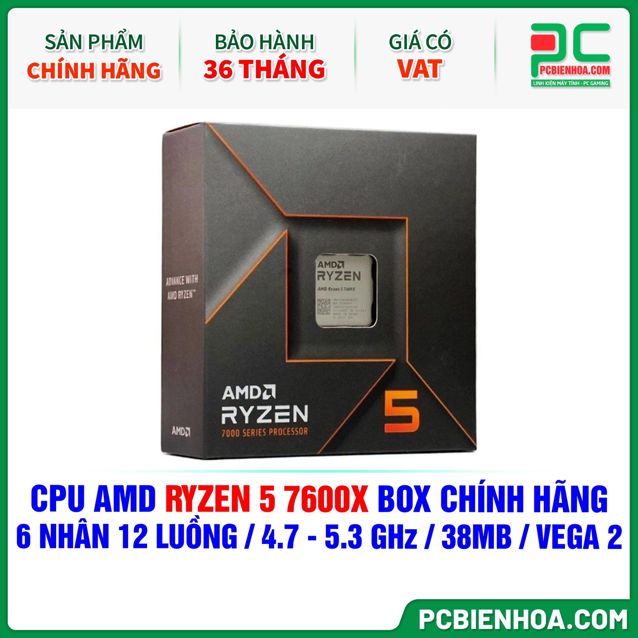 CPU AMD Ryzen 5 7600X BOX CHÍNH HÃNG ( 6 NHÂN 12 LUỒNG / 4.7 - 5.3 GHz / 38MB / RADEON VEGA 2 GRAPHICS )