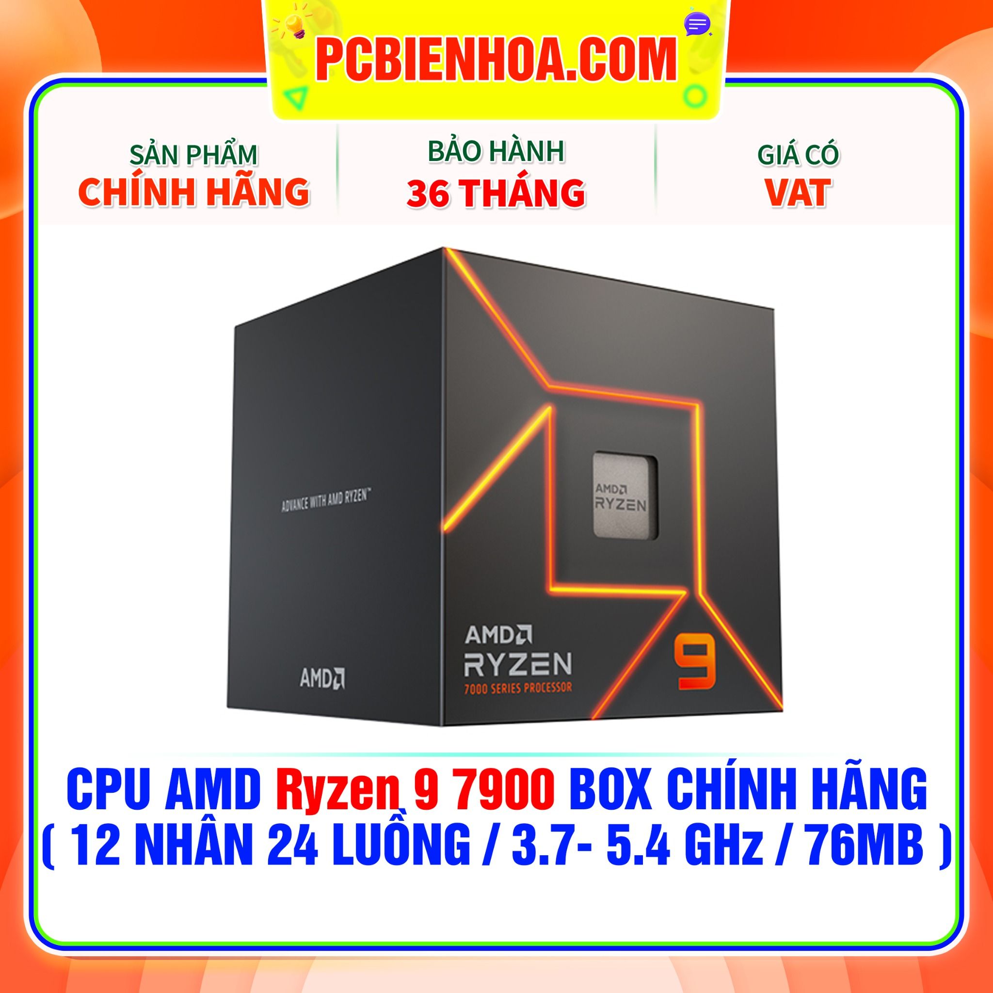  CPU AMD Ryzen 9 7900 BOX CHÍNH HÃNG ( 12 NHÂN 24 LUỒNG / 3.7- 5.4 GHz / 76MB ) 