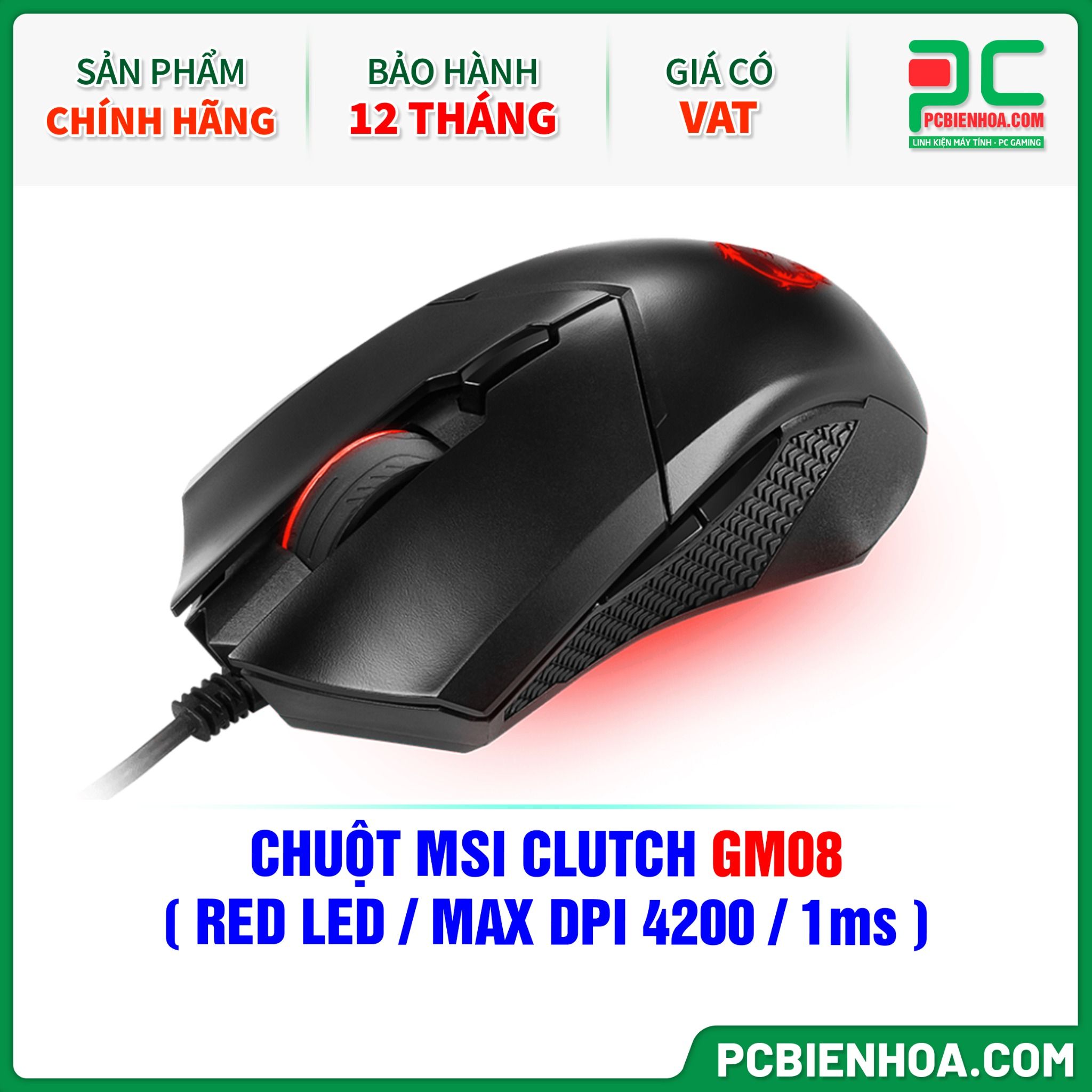 CHUỘT MSI CLUTCH GM08 ( RED LED / MAX DPI 4200 / 1ms )