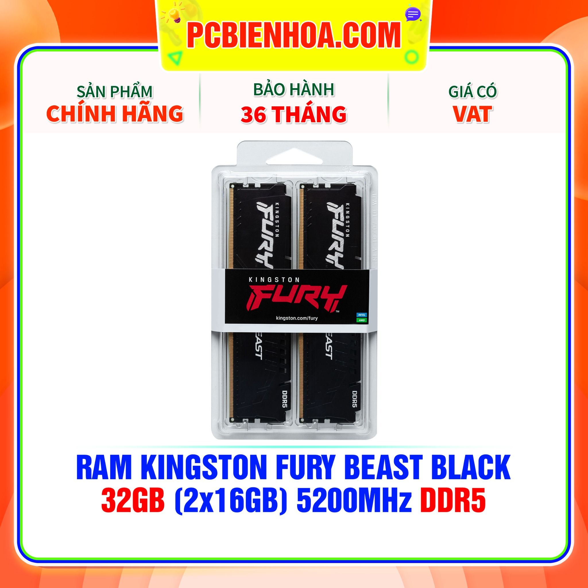  RAM KINGSTON FURY BEAST BLACK 32GB (2x16GB) 5200MHz DDR5 ( KF552C40BBK2-32 ) 