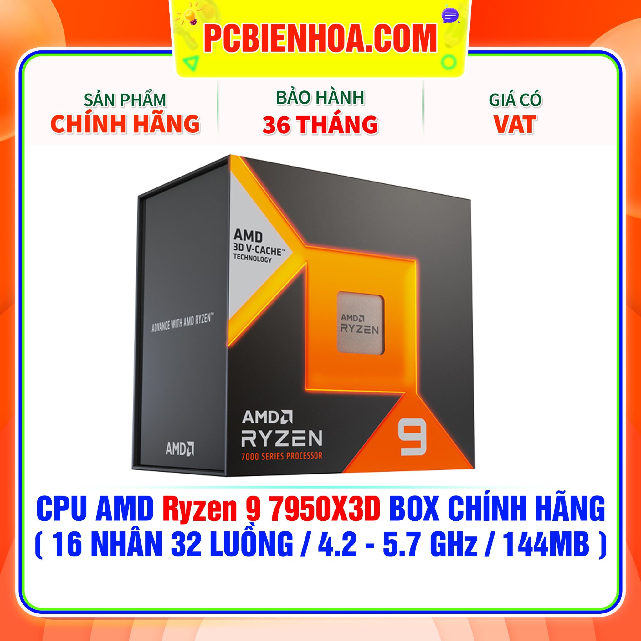  CPU AMD Ryzen 9 7950X3D BOX CHÍNH HÃNG ( 16 NHÂN 32 LUỒNG / 4.2 - 5.7 GHz / 144MB ) 