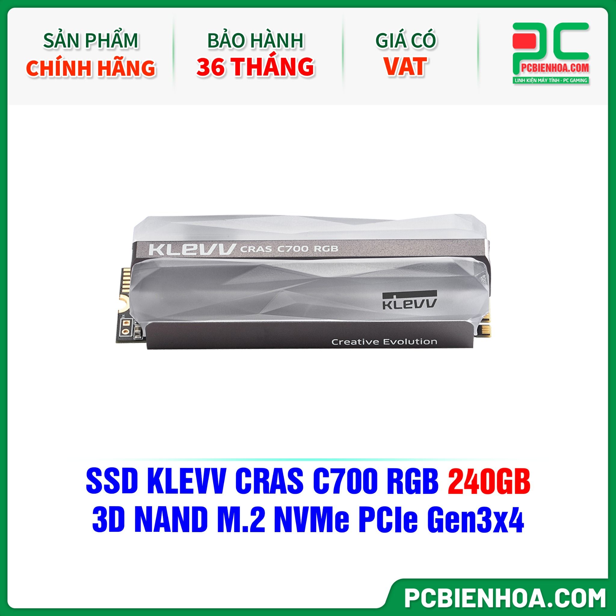 SSD KLEVV CRAS C700 RGB 240GB - 3D NAND M.2 NVMe PCIe Gen3x4 ( K240GM2SP0-C7R )