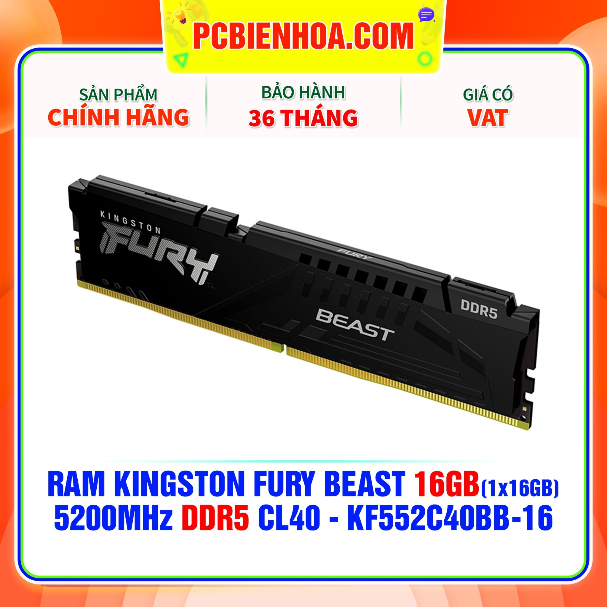  RAM KINGSTON FURY BEAST 16GB (1x16GB) 5200MHz DDR5 CL40 - KF552C40BB-16 