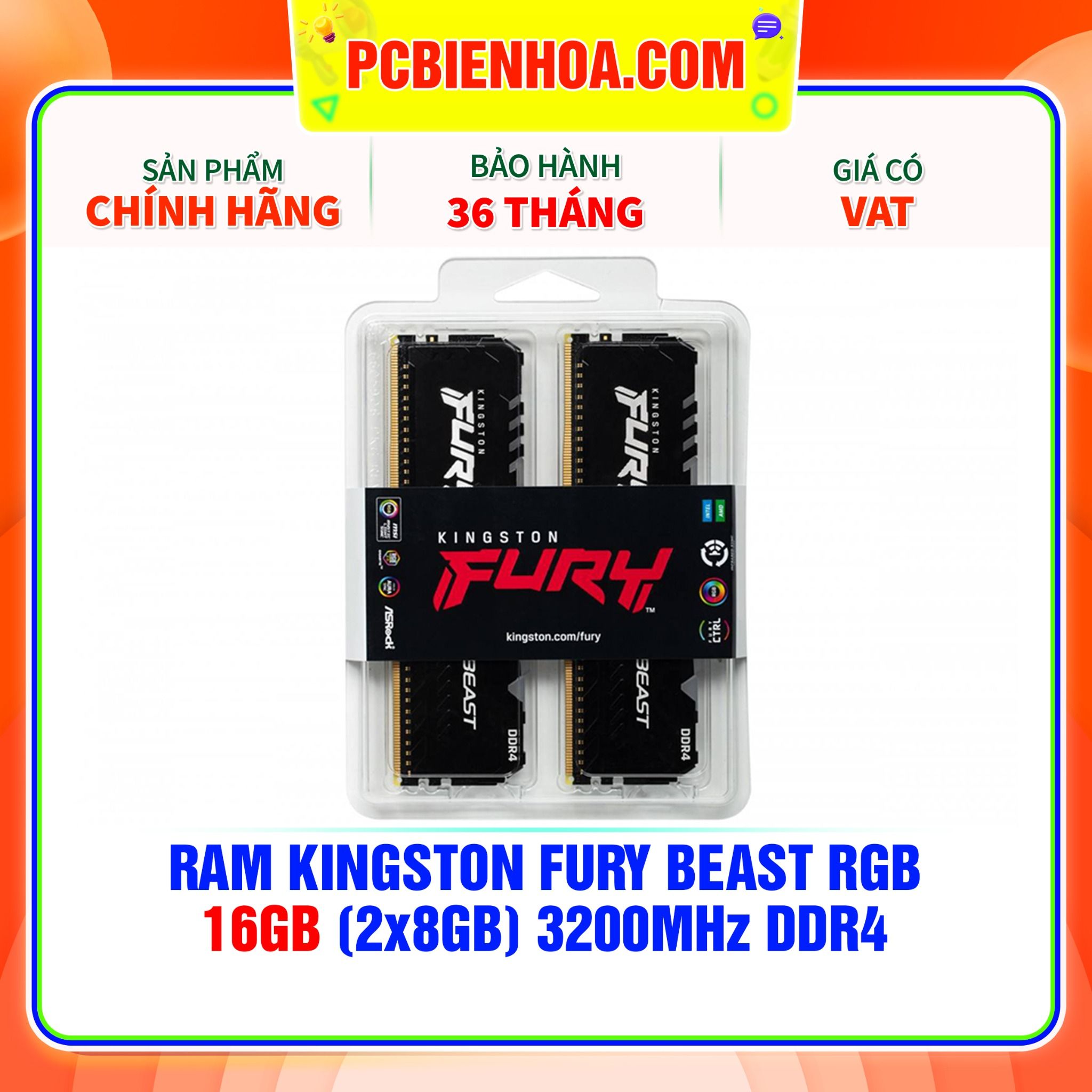  RAM KINGSTON FURY BEAST RGB 16GB (2x8GB) 3200MHz DDR4 ( KF432C16BBAK2/16 ) 