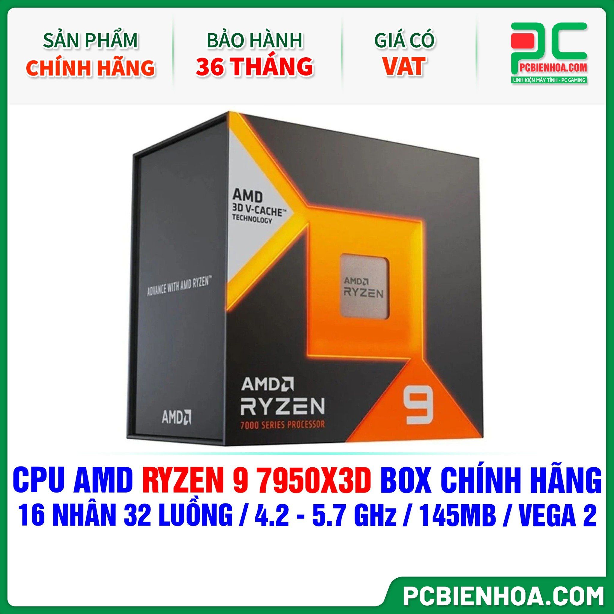 CPU AMD Ryzen 9 7950X3D BOX CHÍNH HÃNG ( 16 NHÂN 32 LUỒNG / 4.2 - 5.7 GHz / 145MB / RADEON VEGA 2 GRAPHICS )
