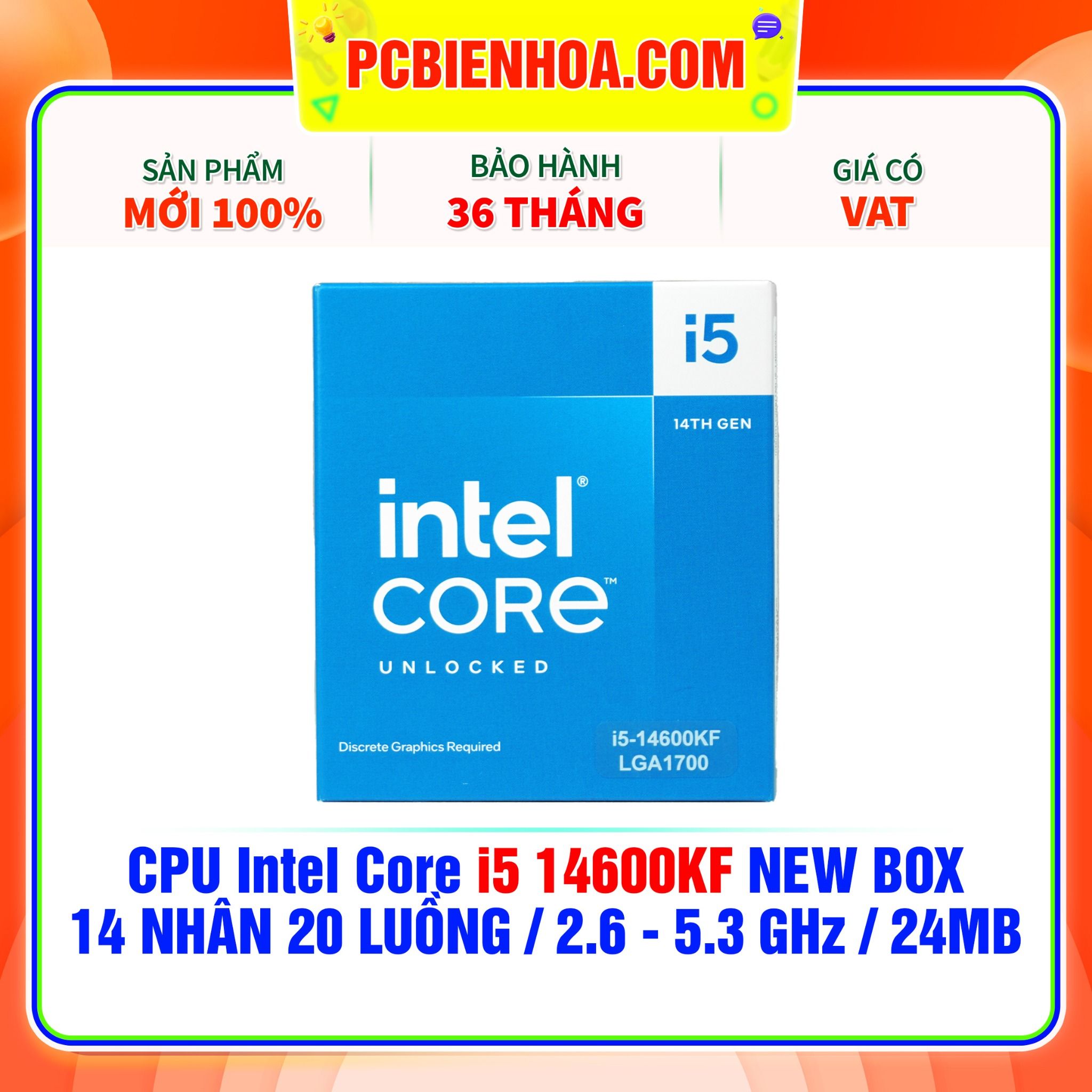  CPU Intel Core i5 14600KF NEW BOX ( 14 NHÂN 20 LUỒNG / 2.6 - 5.3MHz / 24MB ) 