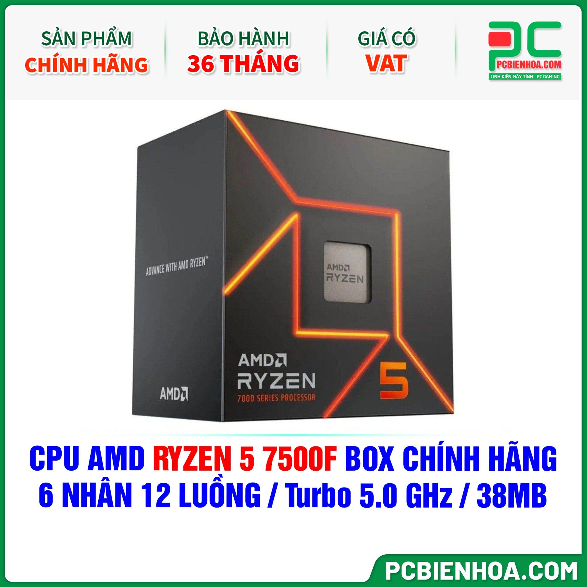 CPU AMD Ryzen 5 7500F BOX CHÍNH HÃNG ( 6 NHÂN 12 LUỒNG / Turbo 5.0 GHz / 38MB )