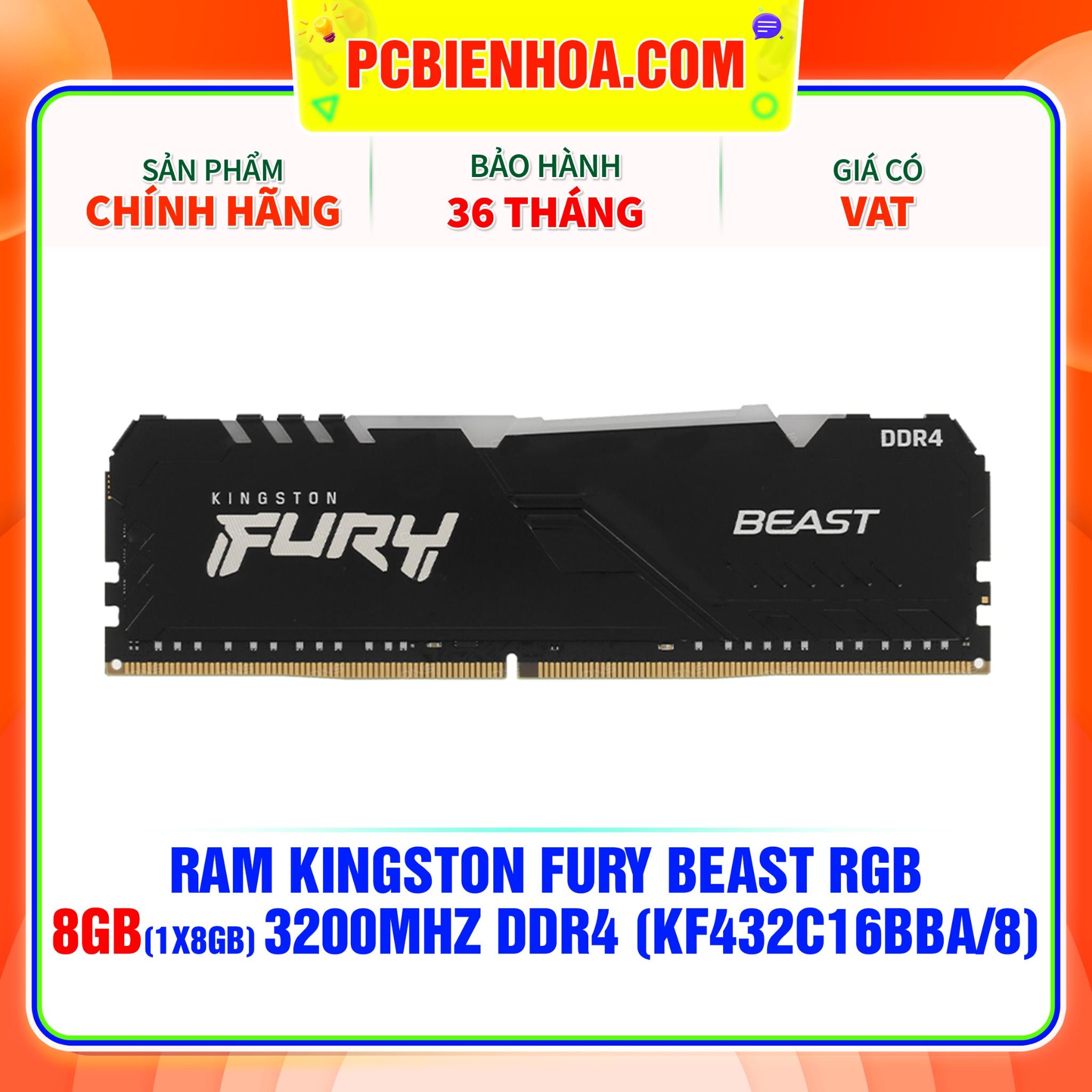  RAM KINGSTON FURY BEAST RGB 8GB (1x8GB) 3200MHz DDR4 ( KF432C16BBA/8 ) 