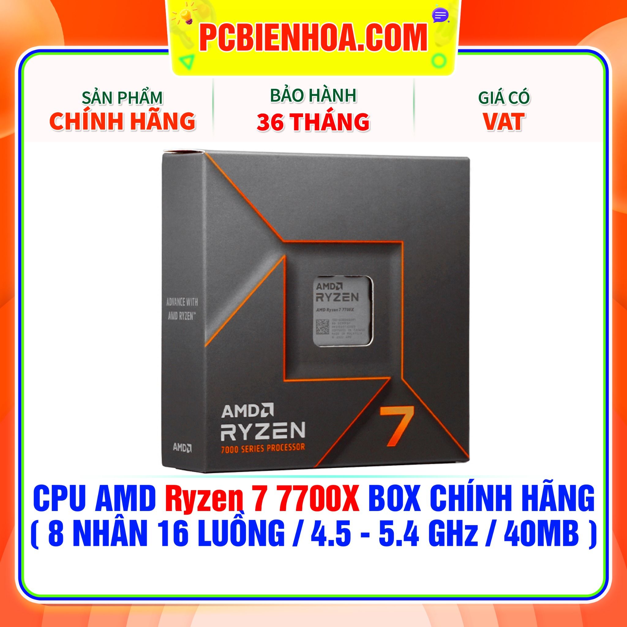  CPU AMD Ryzen 7 7700X BOX CHÍNH HÃNG ( 8 NHÂN 16 LUỒNG / 4.5 - 5.4 GHz / 40MB ) 