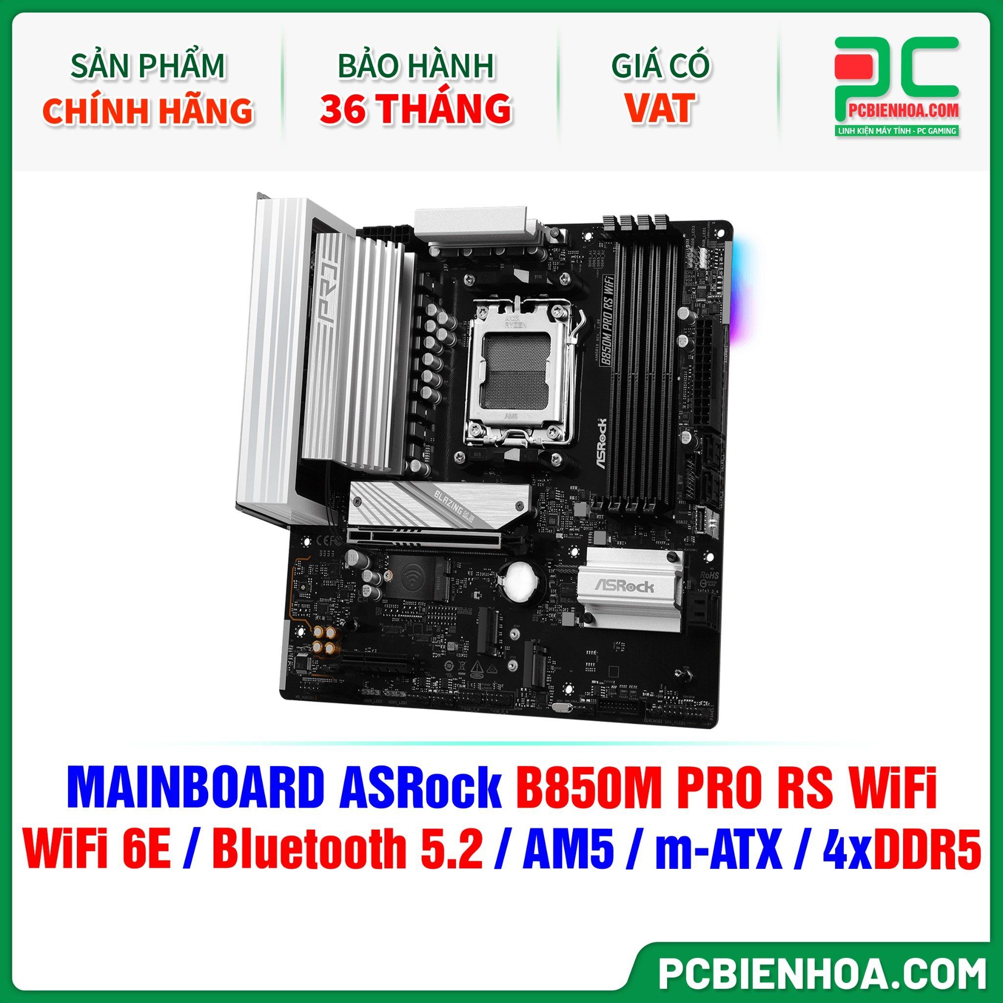 DDR5 - MAINBOARD ASRock B850M PRO RS WiFi ( WiFi 6E / Bluetooth 5.2 / AM5 / m-ATX / 4xDDR5 )