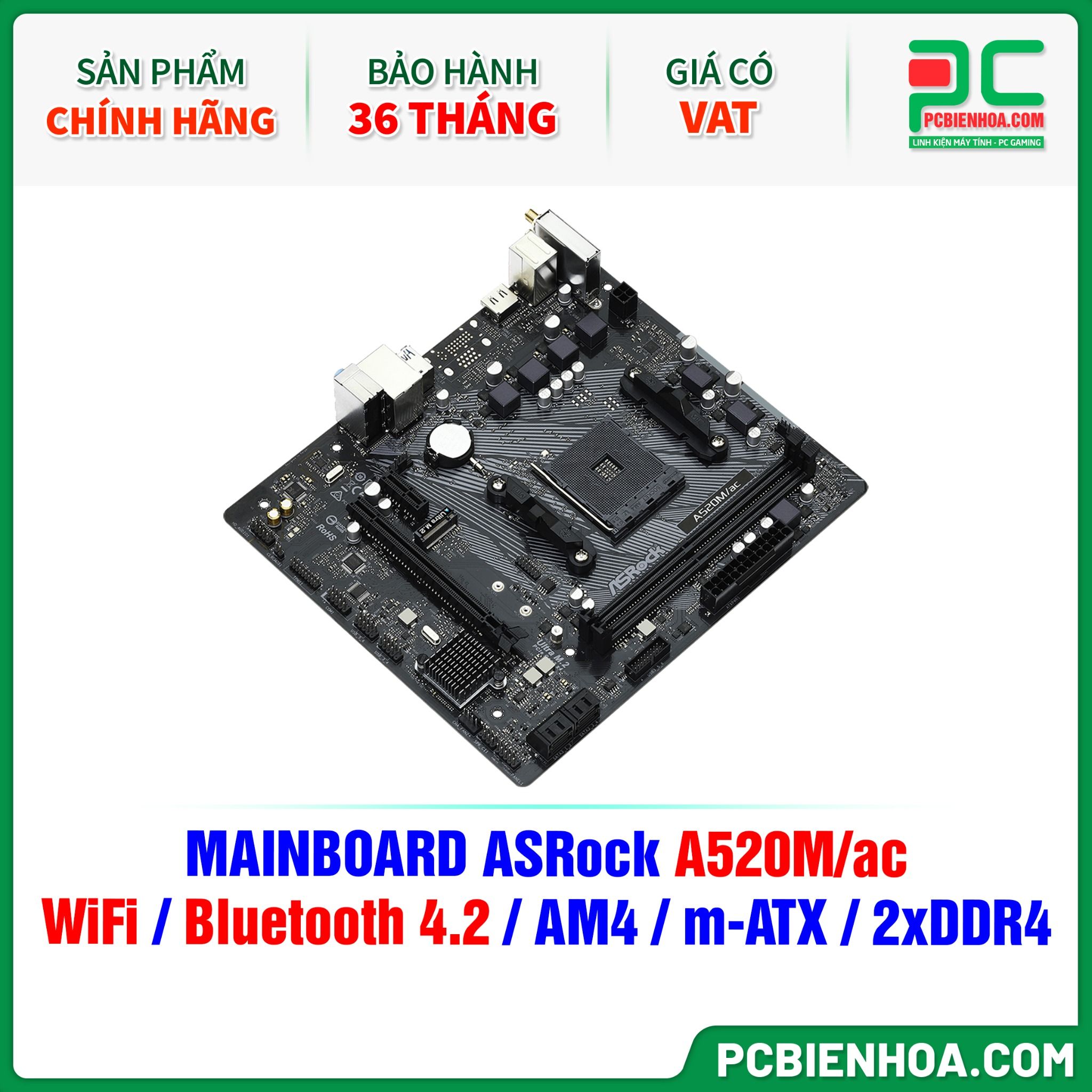 MAINBOARD ASRock A520M/ac ( WiFi / Bluetooth 4.2 / AM4 / m-ATX / 2xDDR4 )