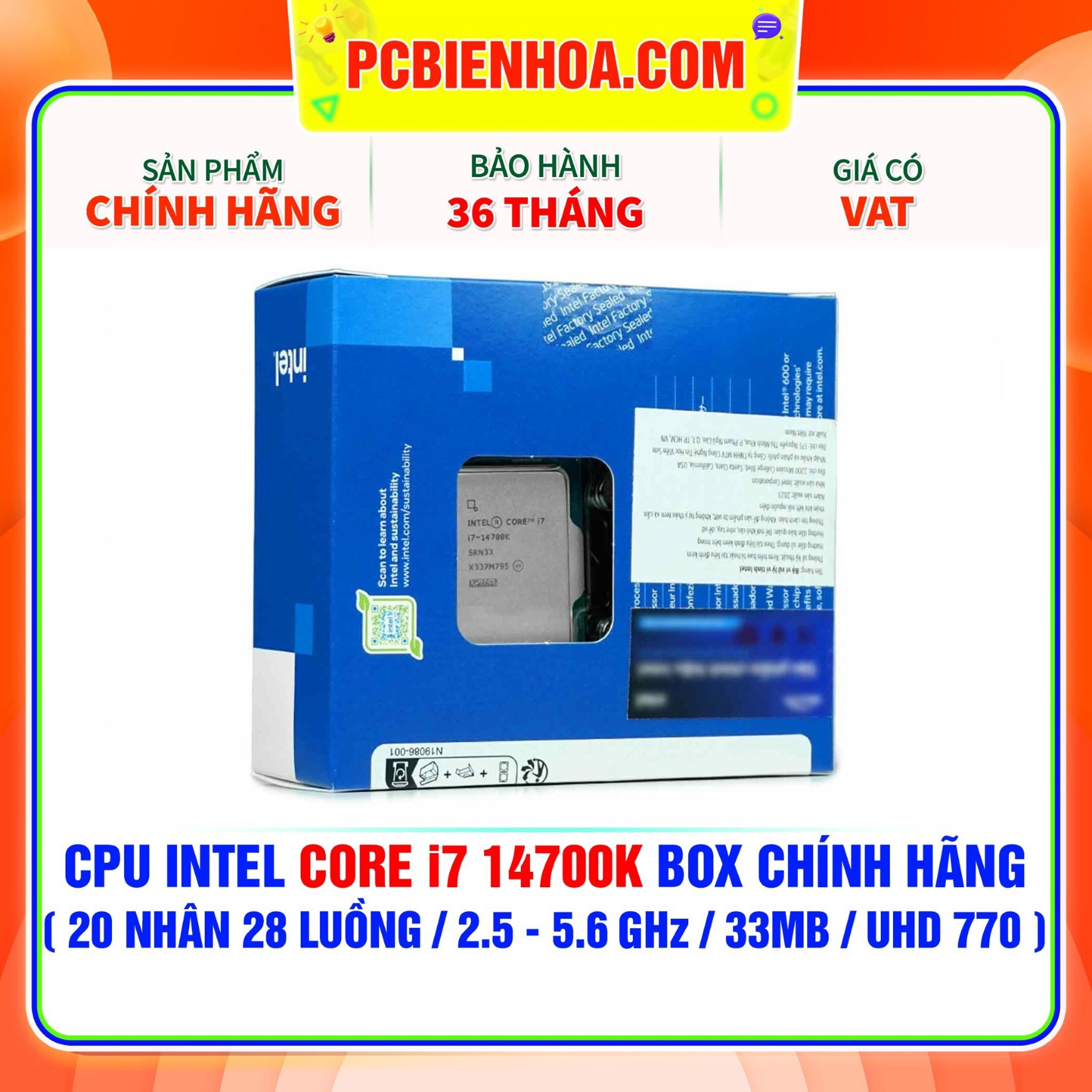  CPU Intel Core i7 14700K BOX CHÍNH HÃNG ( 20 NHÂN 28 LUỒNG / 2.5 - 5.6MHz / 33MB / Intel® UHD Graphics 770 ) 