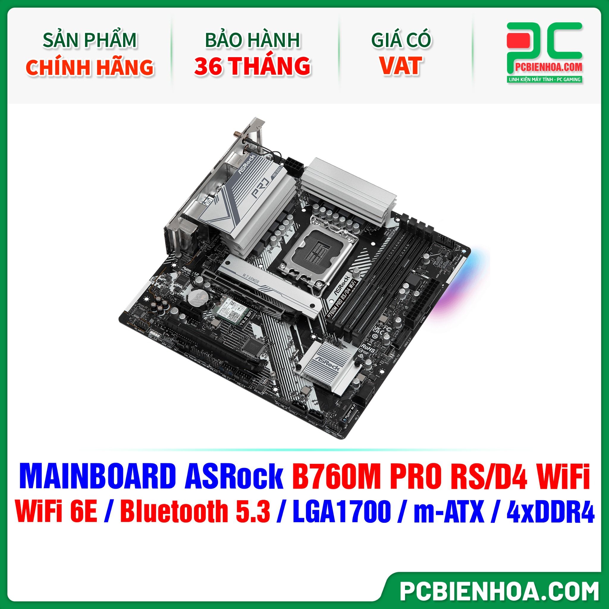MAINBOARD ASRock B760M PRO RS/D4 WiFi ( WiFi 6E / Bluetooth 5.3 / LGA1700 / M-ATX / 4xDDR4 )