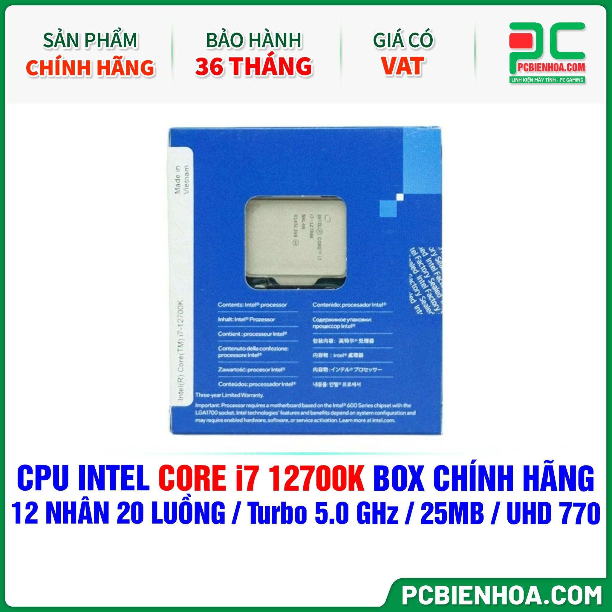 CPU INTEL CORE i7 12700K BOX CHÍNH HÃNG ( 12 NHÂN 20 LUỒNG / Turbo 5.0 GHz / 25MB / UHD GRAPHICS 770 )