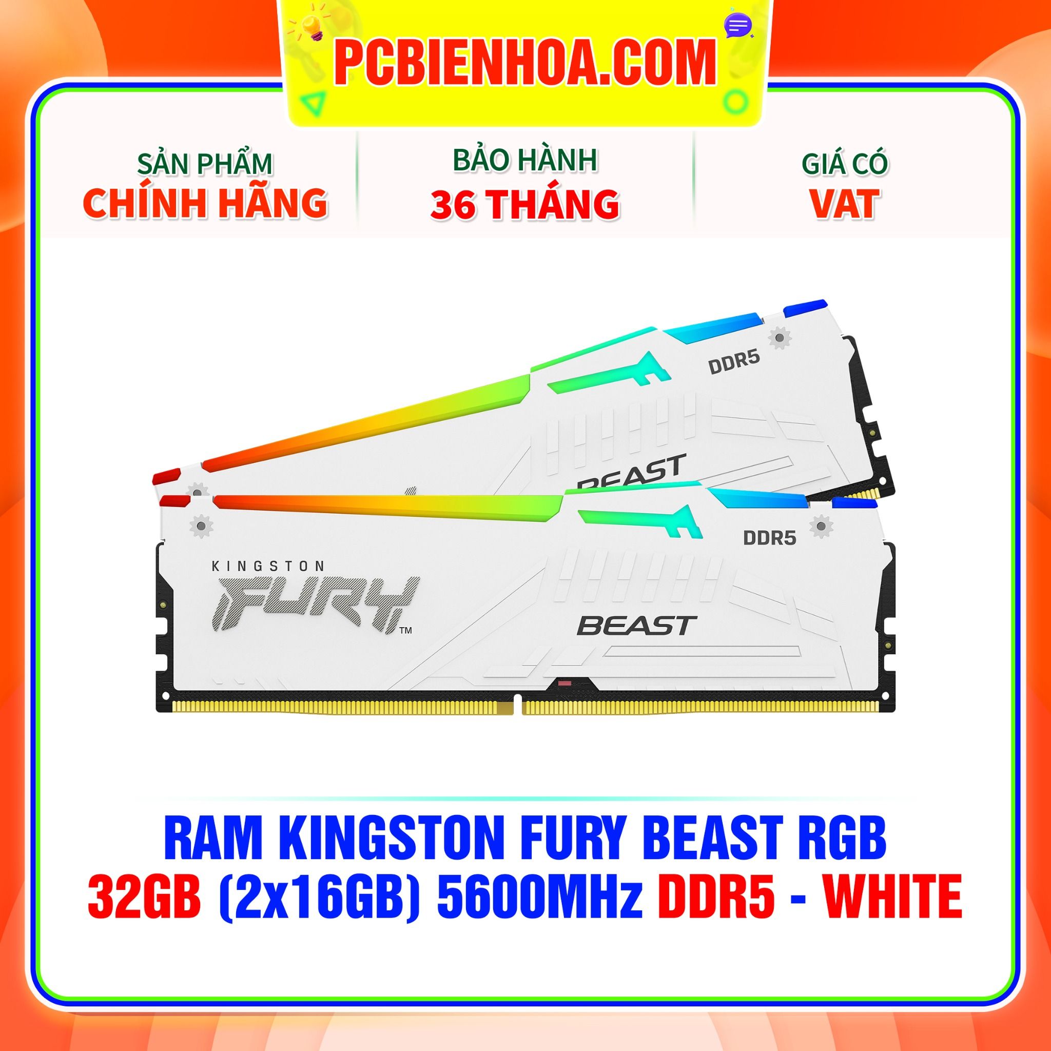  RAM KINGSTON FURY BEAST RGB 32GB (2x16GB) 5600MHz DDR5 - WHITE ( KF556C40BWAK2-32 ) 