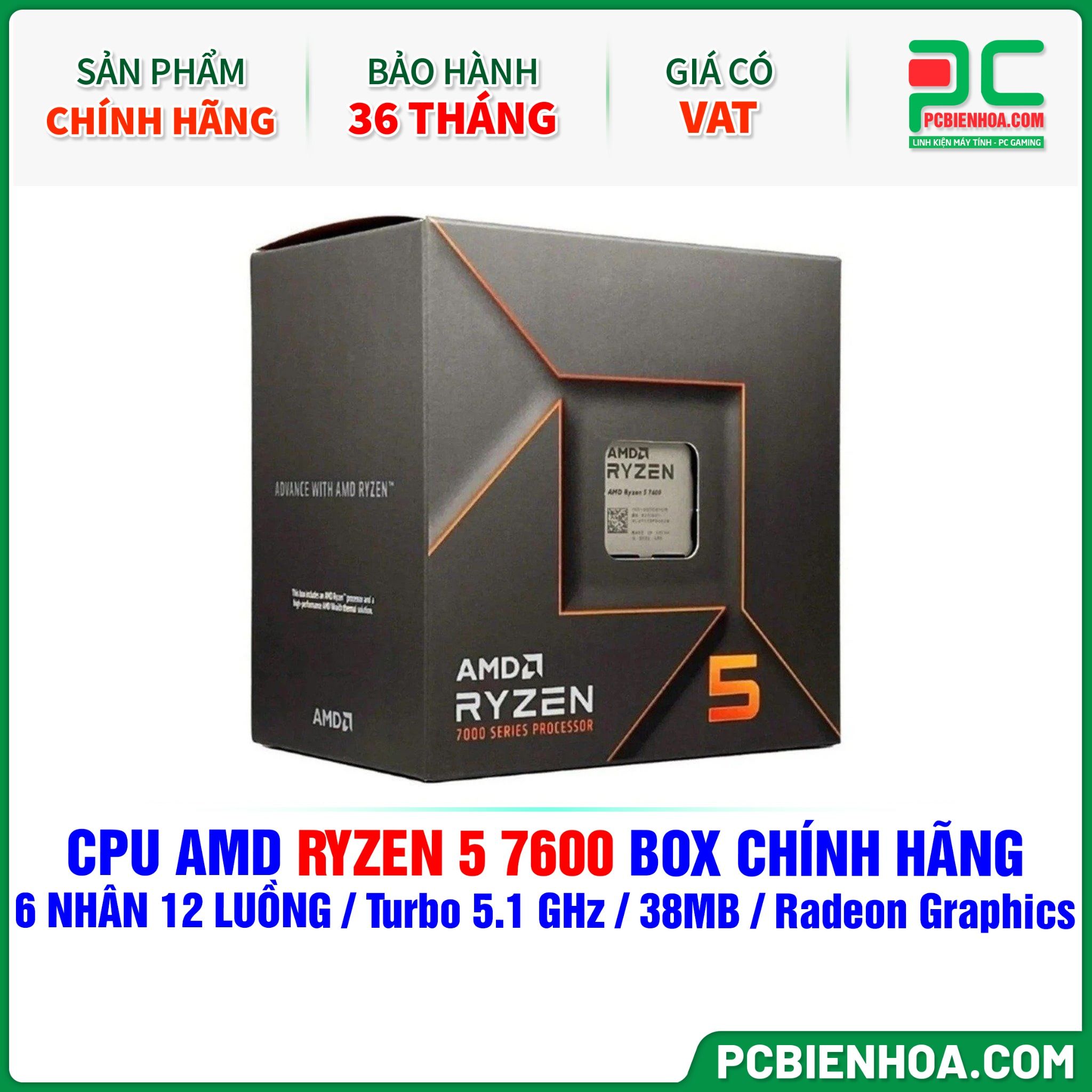 CPU AMD Ryzen 5 7600 BOX CHÍNH HÃNG ( 6 NHÂN 12 LUỒNG / Turbo 5.1 GHz / 38MB / Radeon Graphics )
