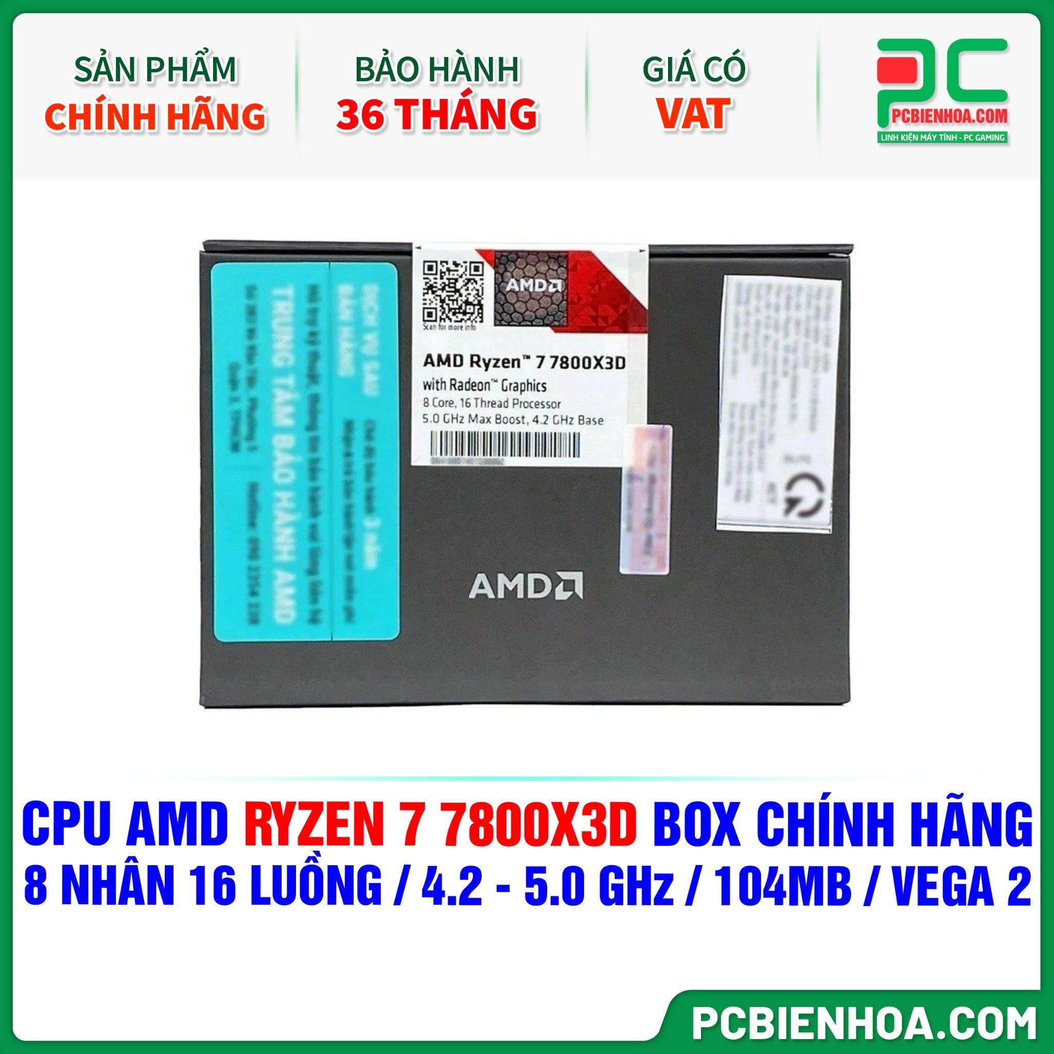 CPU AMD Ryzen 7 7800X3D BOX CHÍNH HÃNG ( 8 NHÂN 16 LUỒNG / 4.2 - 5.0 GHz / 104MB / RADEON VEGA 2 GRAPHICS )