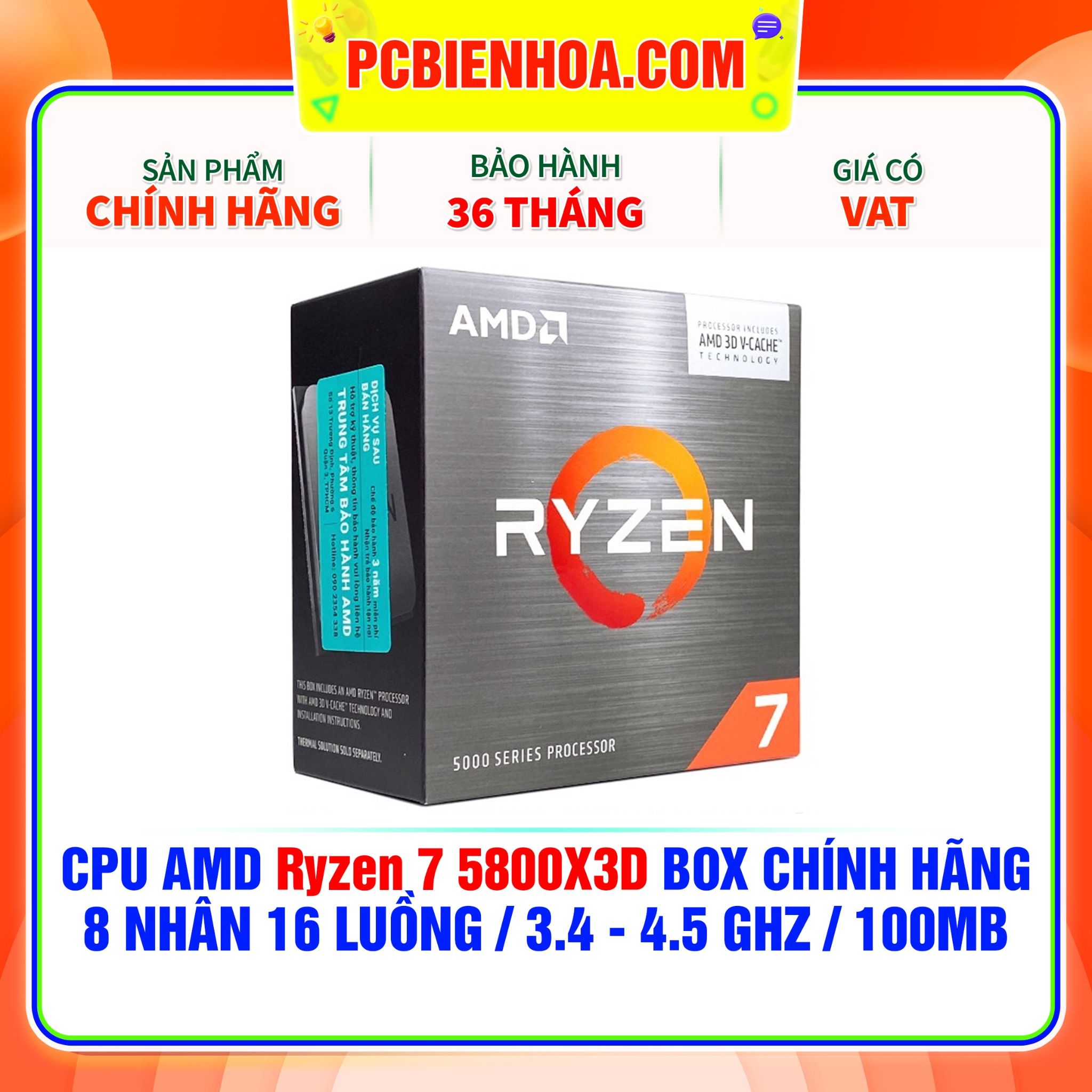  CPU AMD Ryzen 7 5800X3D BOX CHÍNH HÃNG ( 8 NHÂN 16 LUỒNG / 3.4 - 4.5 GHz / 100MB ) 