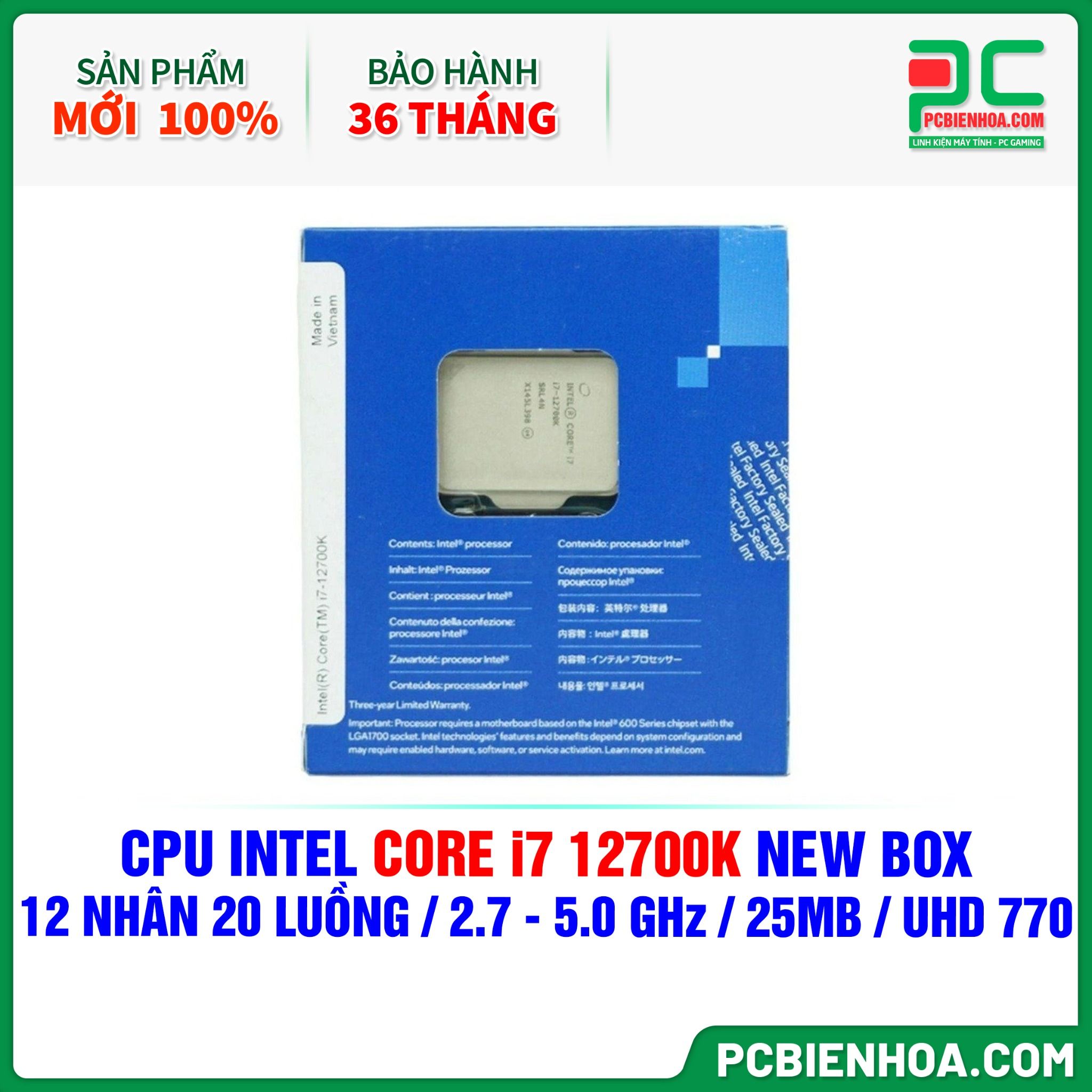 CPU INTEL CORE i7 12700K NEW BOX ( 12 NHÂN 20 LUỒNG / 2.7 - 5.0 GHz / 25MB / INTEL® UHD GRAPHICS 770 )