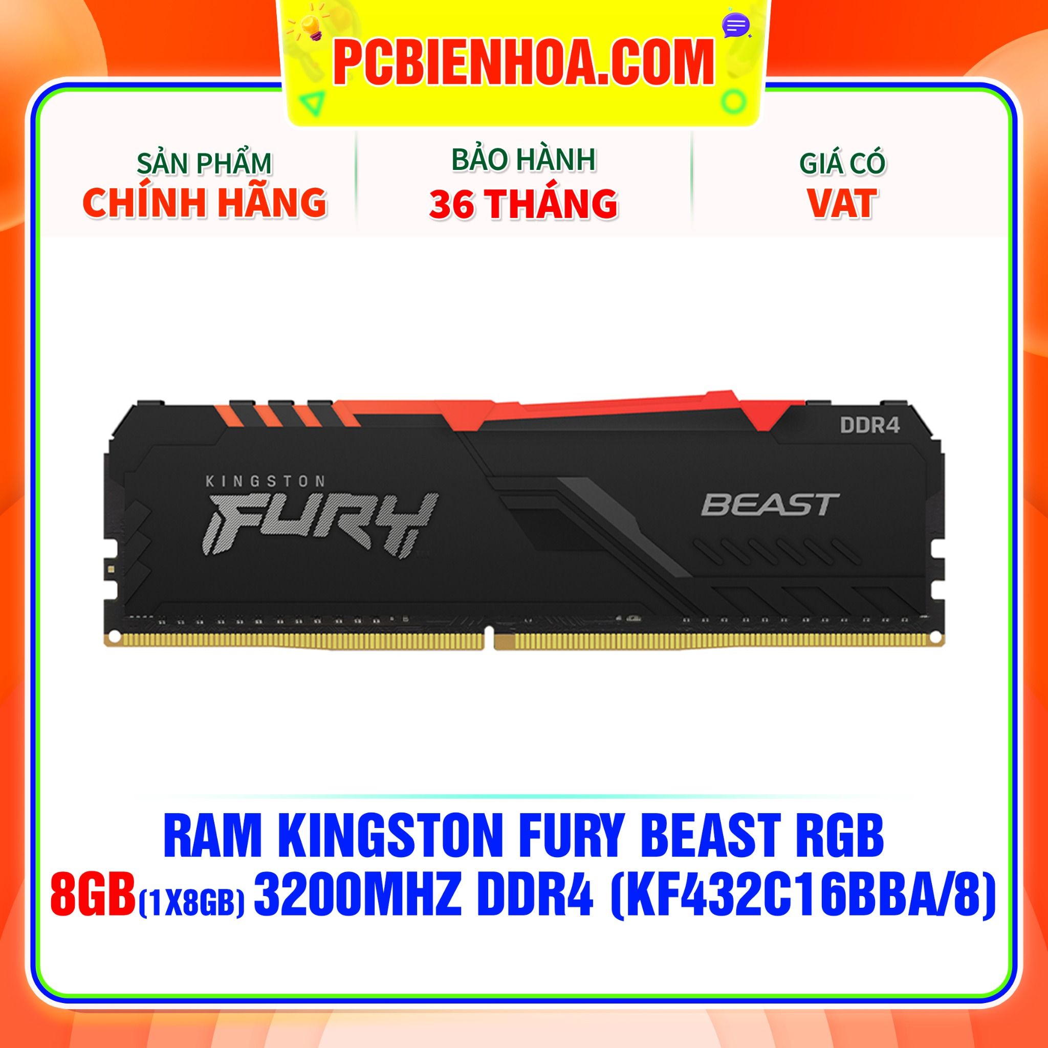  RAM KINGSTON FURY BEAST RGB 8GB (1x8GB) 3200MHz DDR4 ( KF432C16BBA/8 ) 