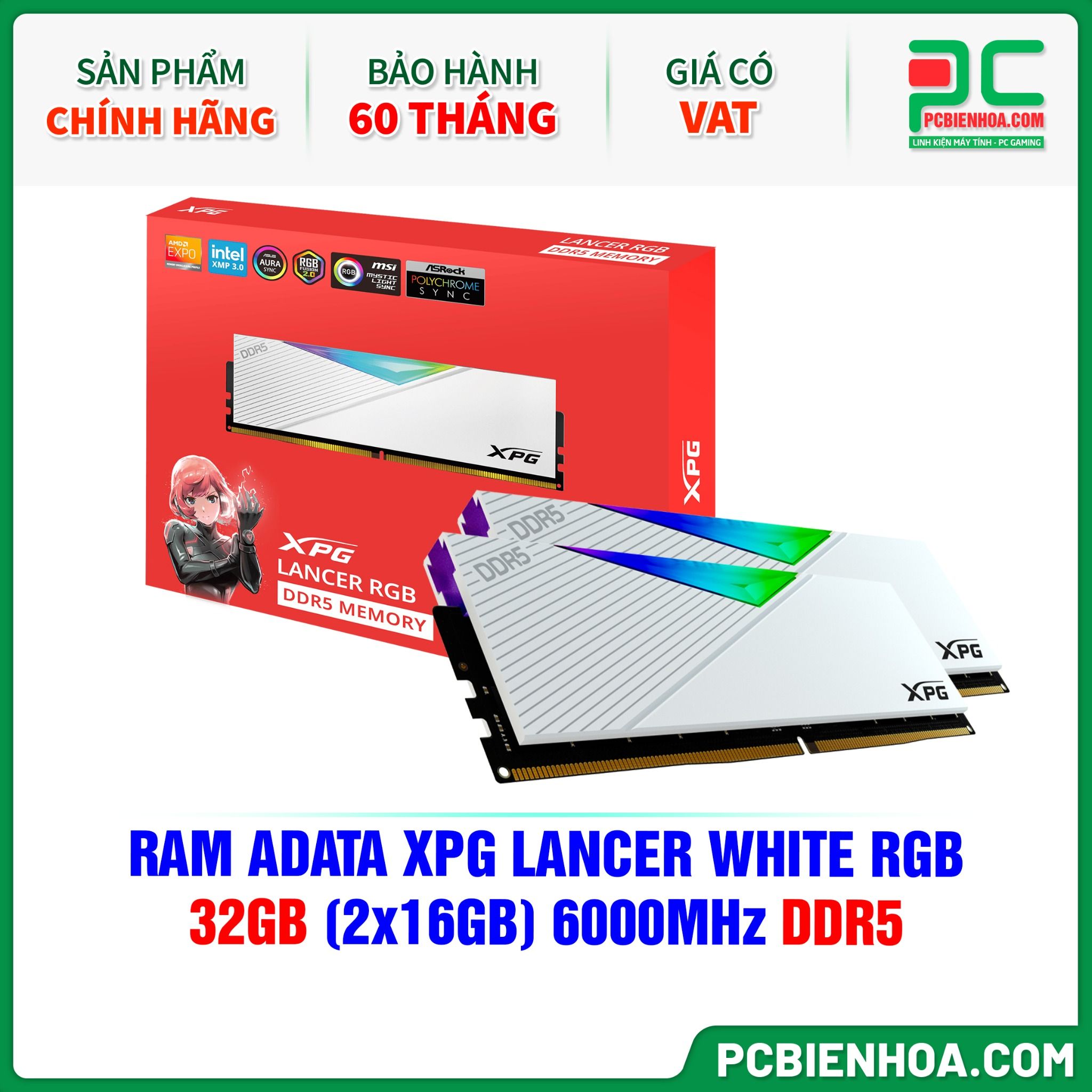 RAM ADATA XPG LANCER WHITE RGB - 32GB (2x16GB) 6000MHz DDR5