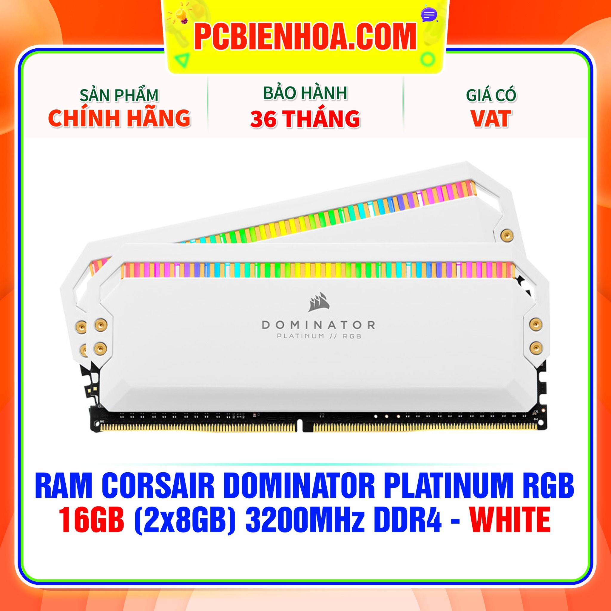  RAM CORSAIR DOMINATOR PLATINUM RGB 16GB (2x8GB) 3200MHz DDR4 - WHITE ( CMT16GX4M2C3200C16W ) 