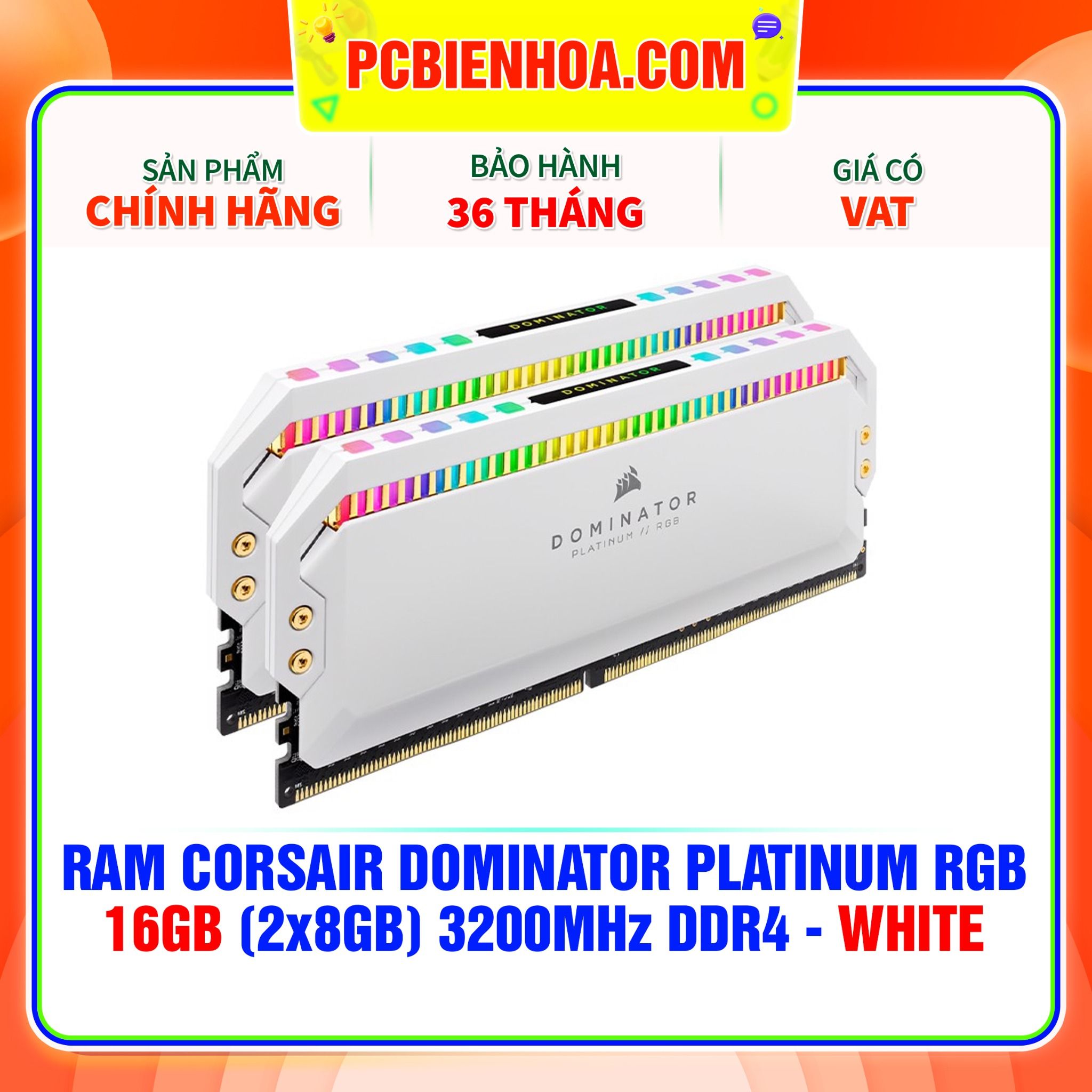  RAM CORSAIR DOMINATOR PLATINUM RGB 16GB (2x8GB) 3200MHz DDR4 - WHITE ( CMT16GX4M2C3200C16W ) 