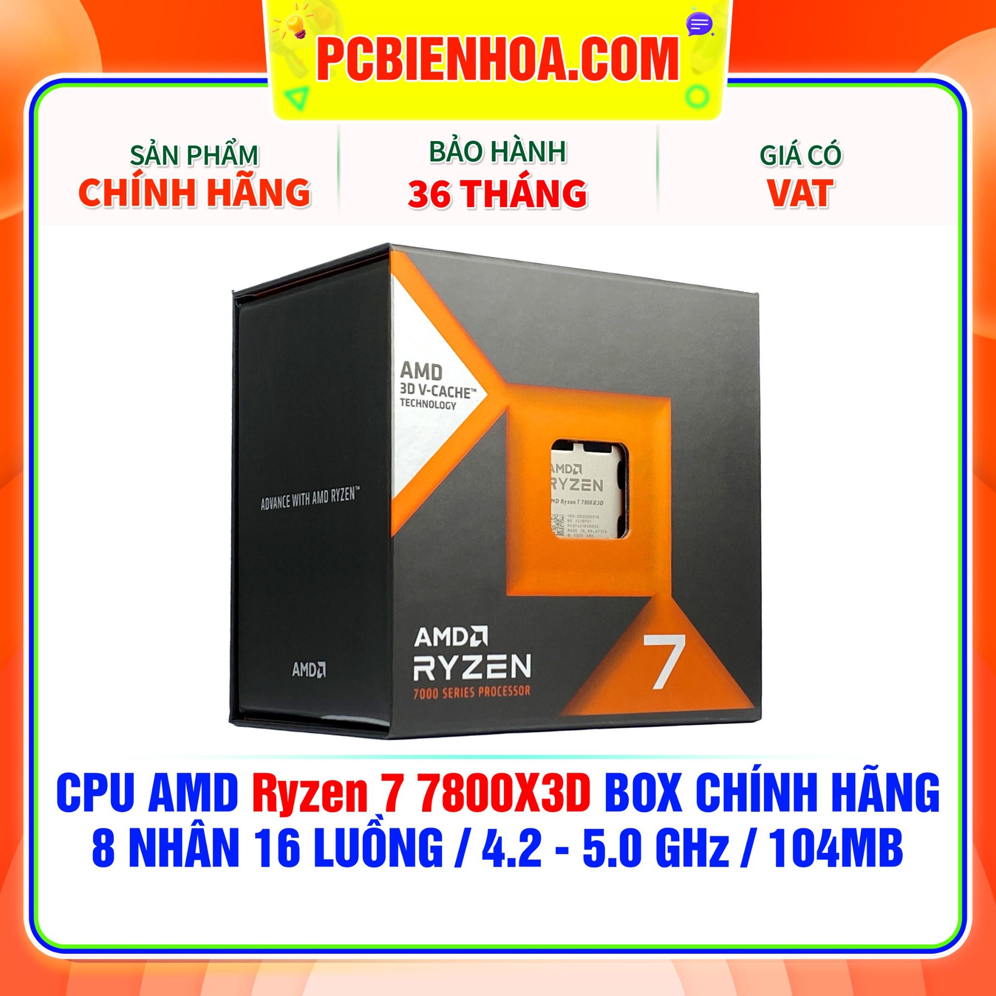  CPU AMD Ryzen 7 7800X3D BOX CHÍNH HÃNG ( 8 NHÂN 16 LUỒNG / 4.2 - 5.0 GHz / 104MB ) 