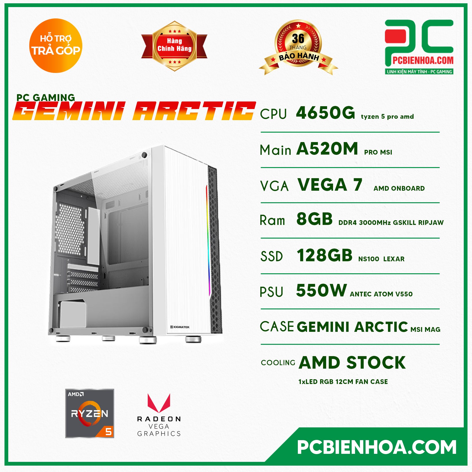 PCGAMING GEMINI ARCTIC ( RYZEN 5 4650G / A520 / 8GB / 128GB / 550W )