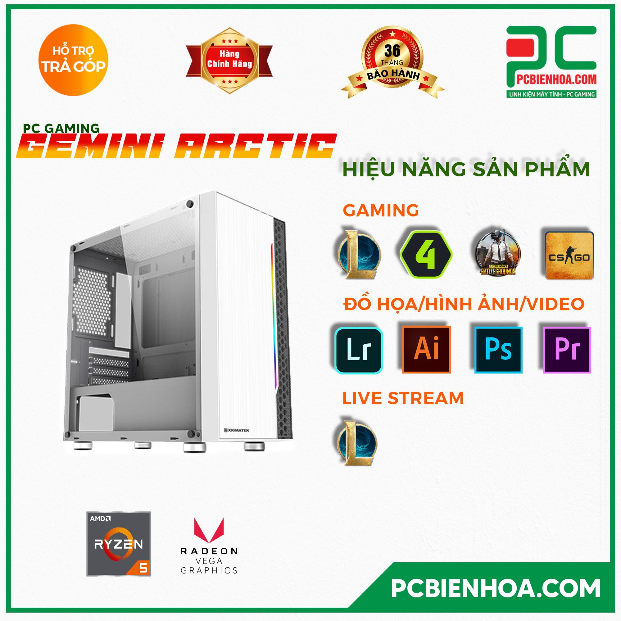 PCGAMING GEMINI ARCTIC ( RYZEN 5 4650G / A520 / 8GB / 128GB / 550W )