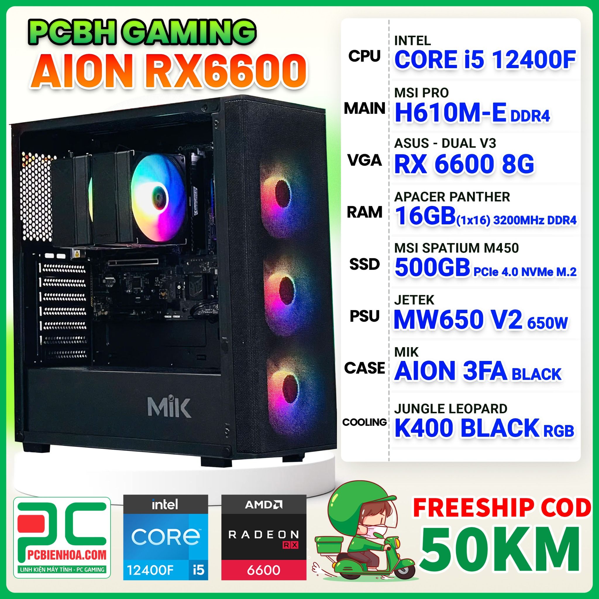 PCBH GAMING AION INTEL CORE I5 12400F / H610M / RX 6600 8GB / 16GB / 500GB
