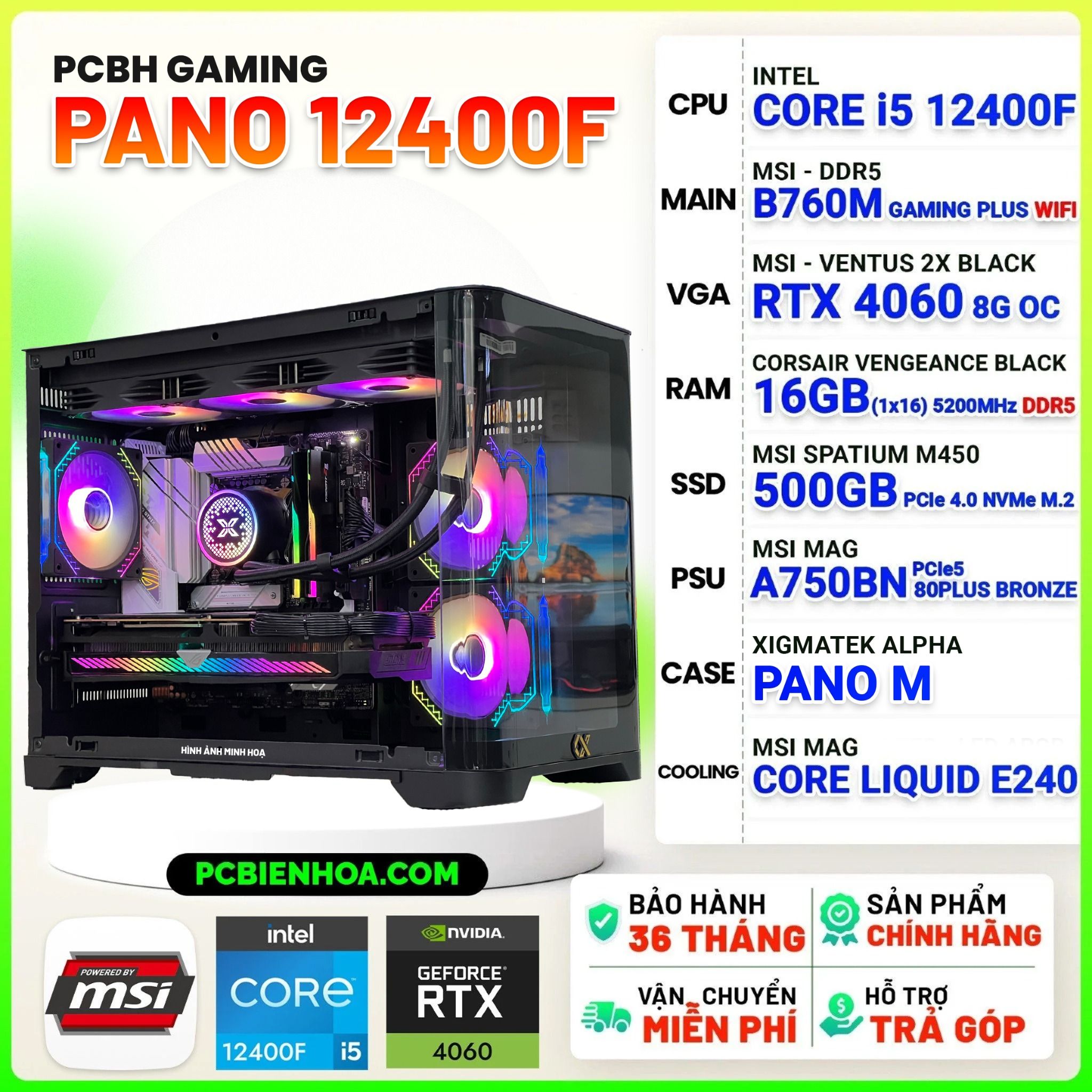  PCBH GAMING PANO CORE i5 12400F / B760M / RTX4060 8GB / 16GB DDR5 / 500GB 